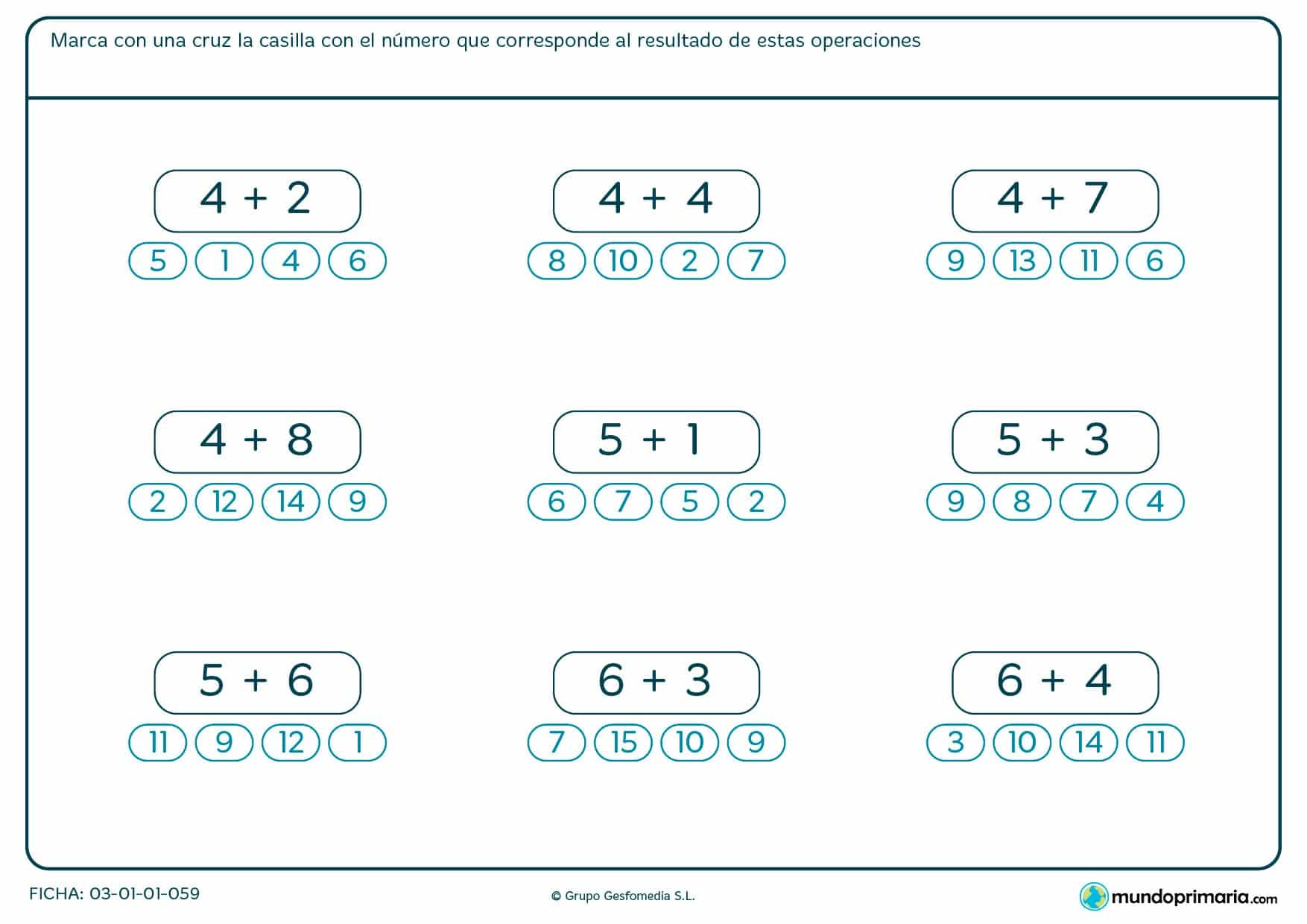Ficha de sumas de dos números en la que debes marcar la respuesta correcta.