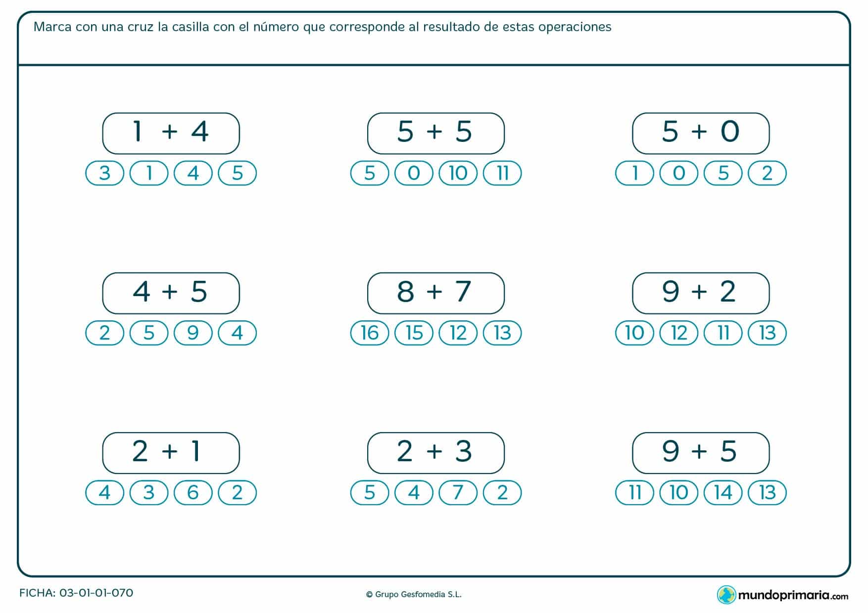Ficha de sumas en la que has de elegir el total correcto entre cuatro posibles.