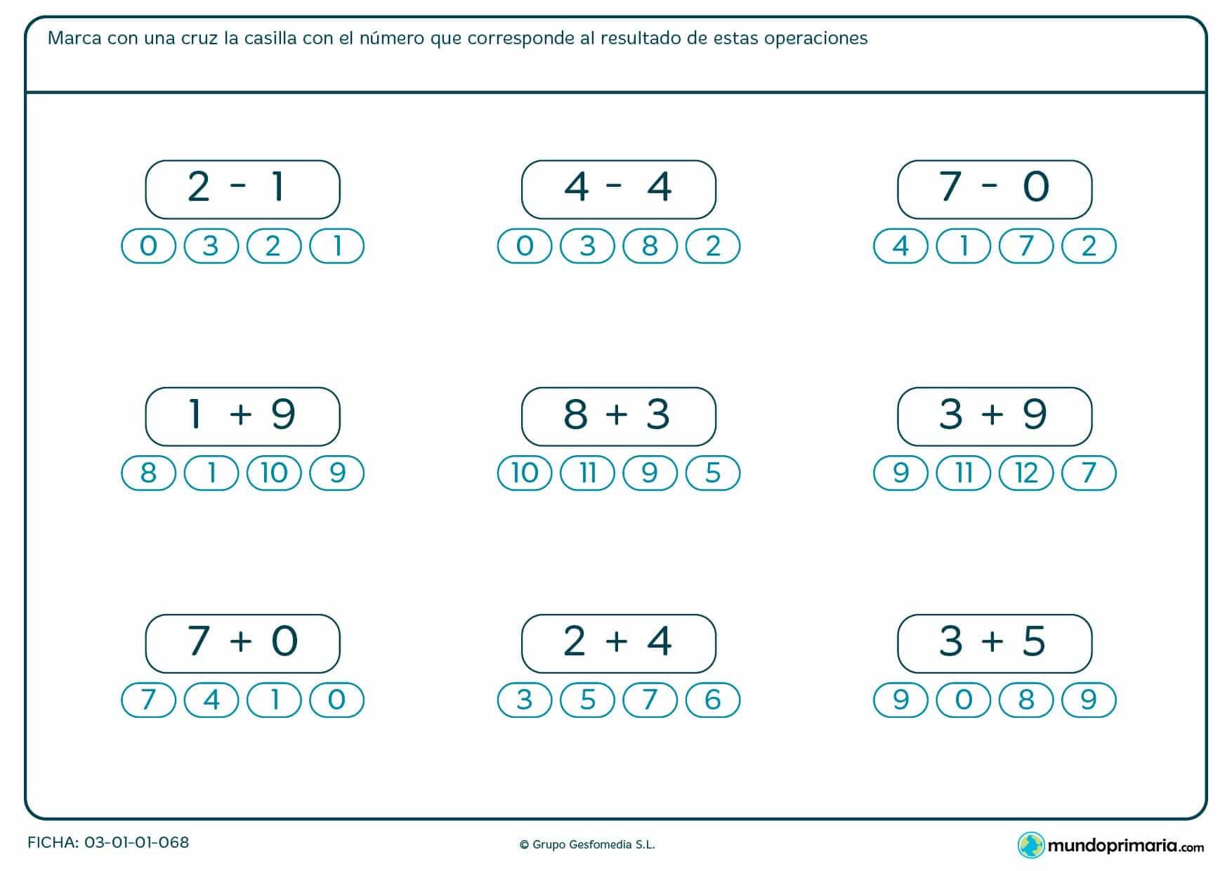 Ficha de sumas y restas, señala el total correcto.