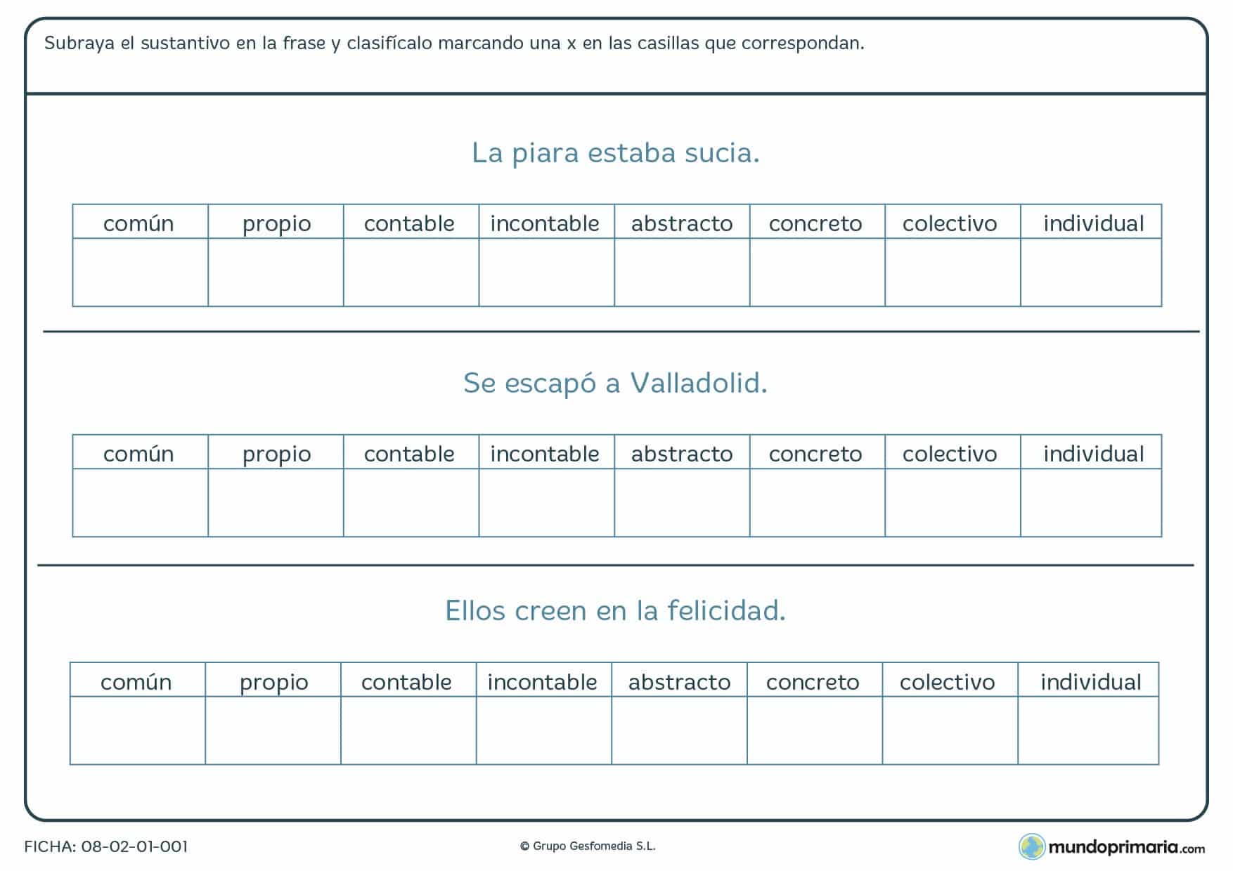 Ficha de sustantivos para subrayar el sustantivo que aparece en una frase y matrcar el tipo del que se trata.