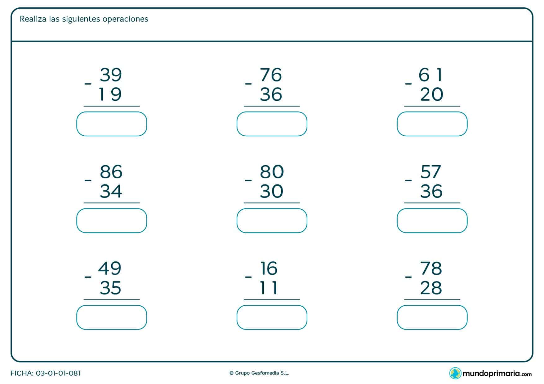Ficha de sustracciones de 2 cifras con nueve operaciones diferentes en vertical. Escribe el resultado total.
