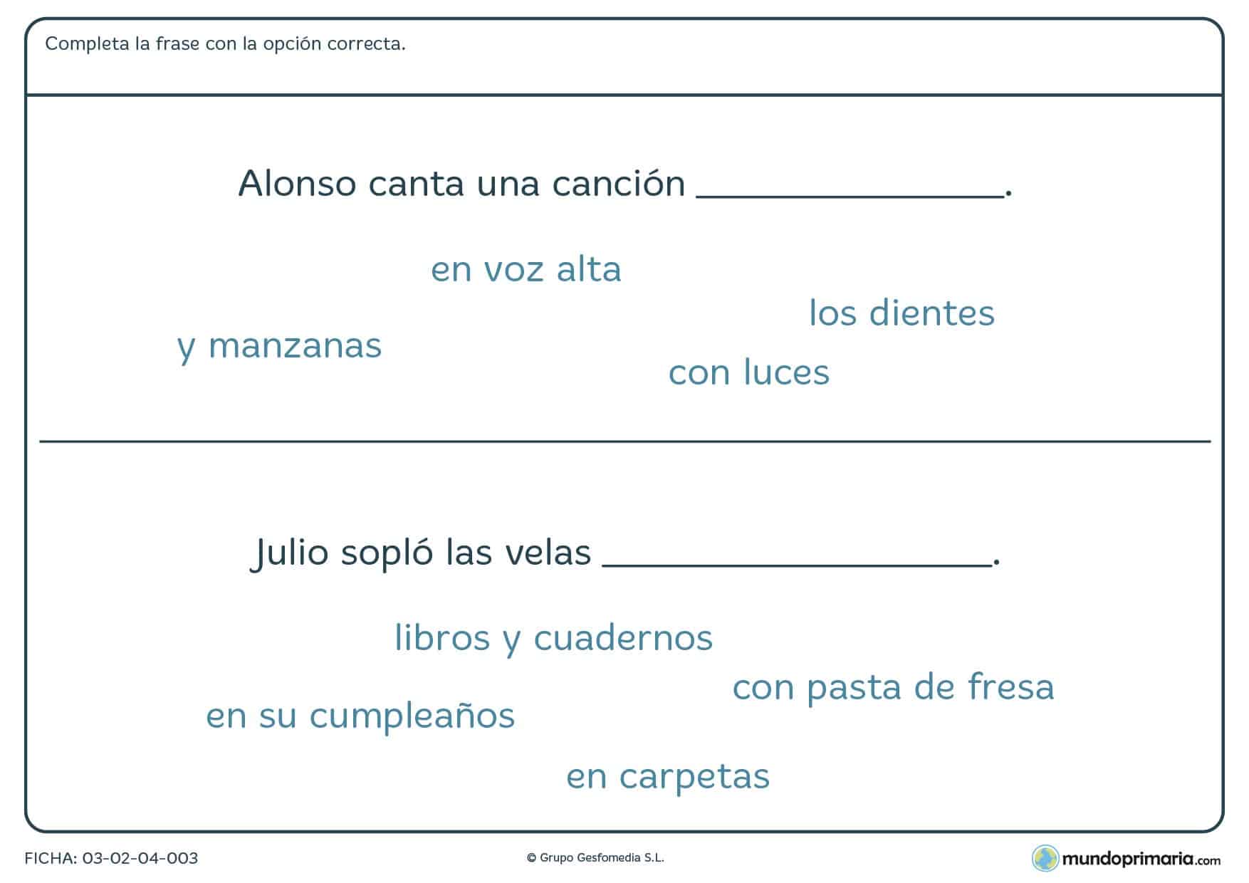 Ficha de terminar frases correctamente eligiendo la opción correcta entre las que te damos.