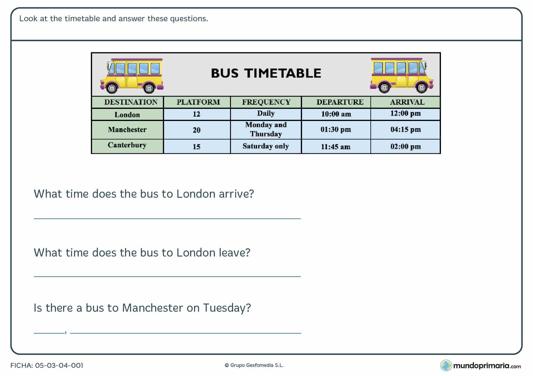 Ficha de timetable para aprender a leer un horario de autobús en inglés