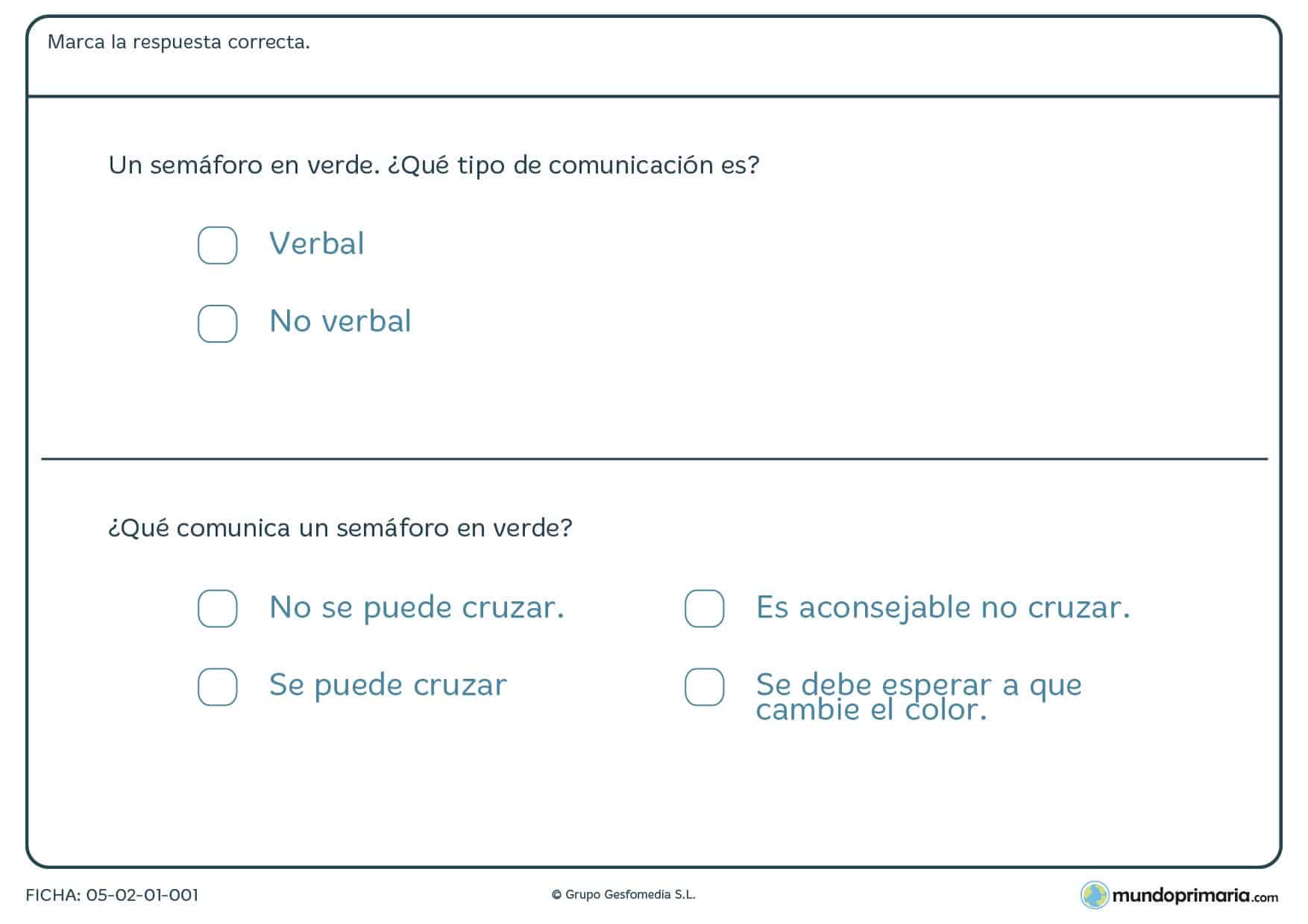 Ficha de tipos de comunicación en la que tienes que marcar si es o no verbal el ejemplo que te presentamos.