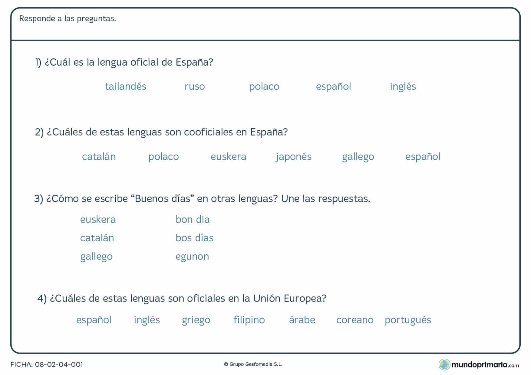 Ficha de tipos de lenguas en la que tienes que responder varias preguntas sobre los tipos de lenguas del mundo