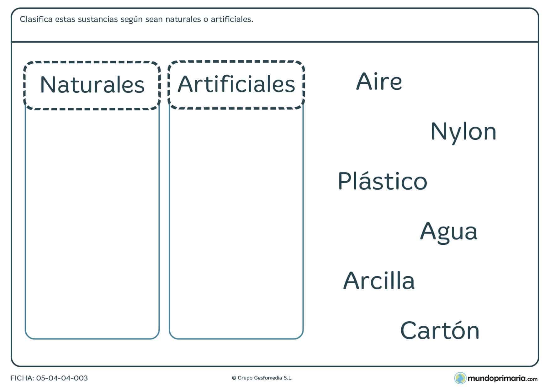 Ficha de tipos de sustancias para clasificar las que te mostramos ya sen naturales o artificiales