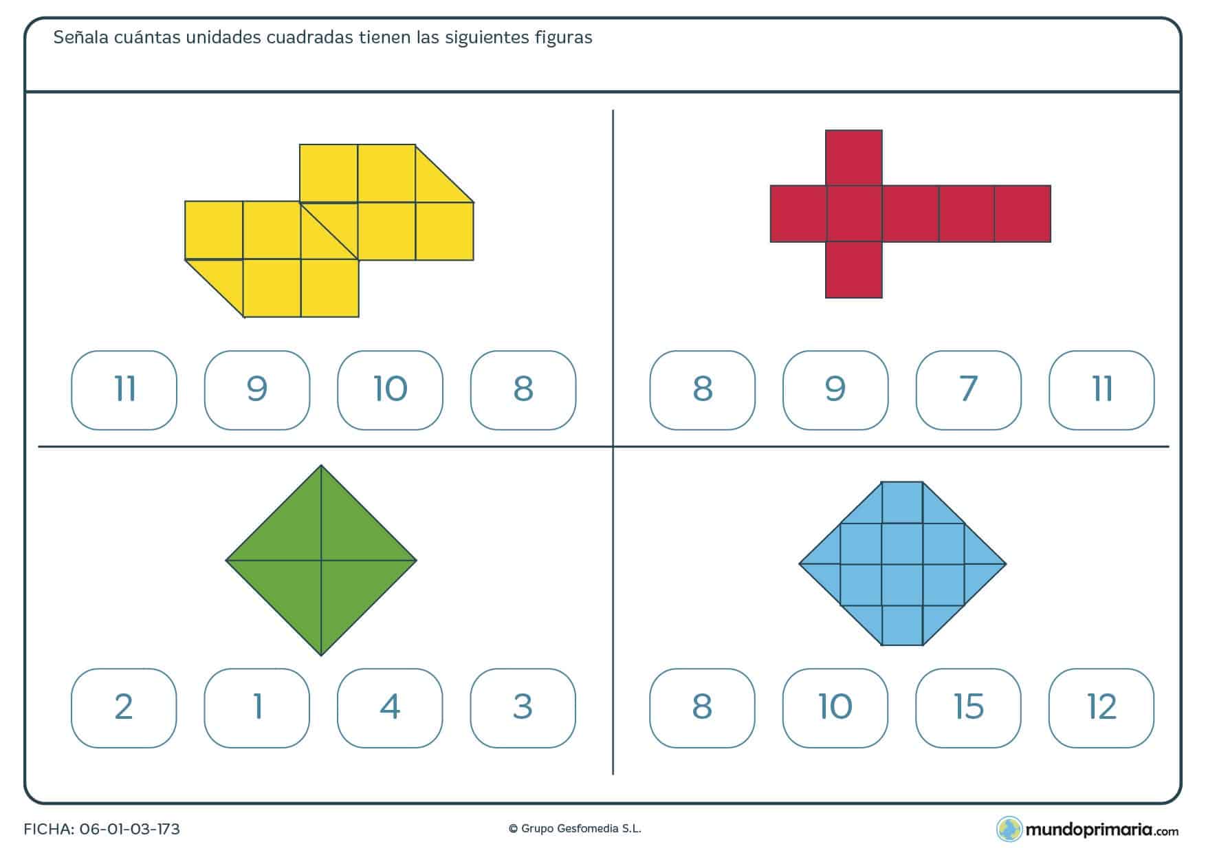 Ficha de unidades cuadradas de figuras de diferentes formas divididas en cuadrados y medios cuadrados.