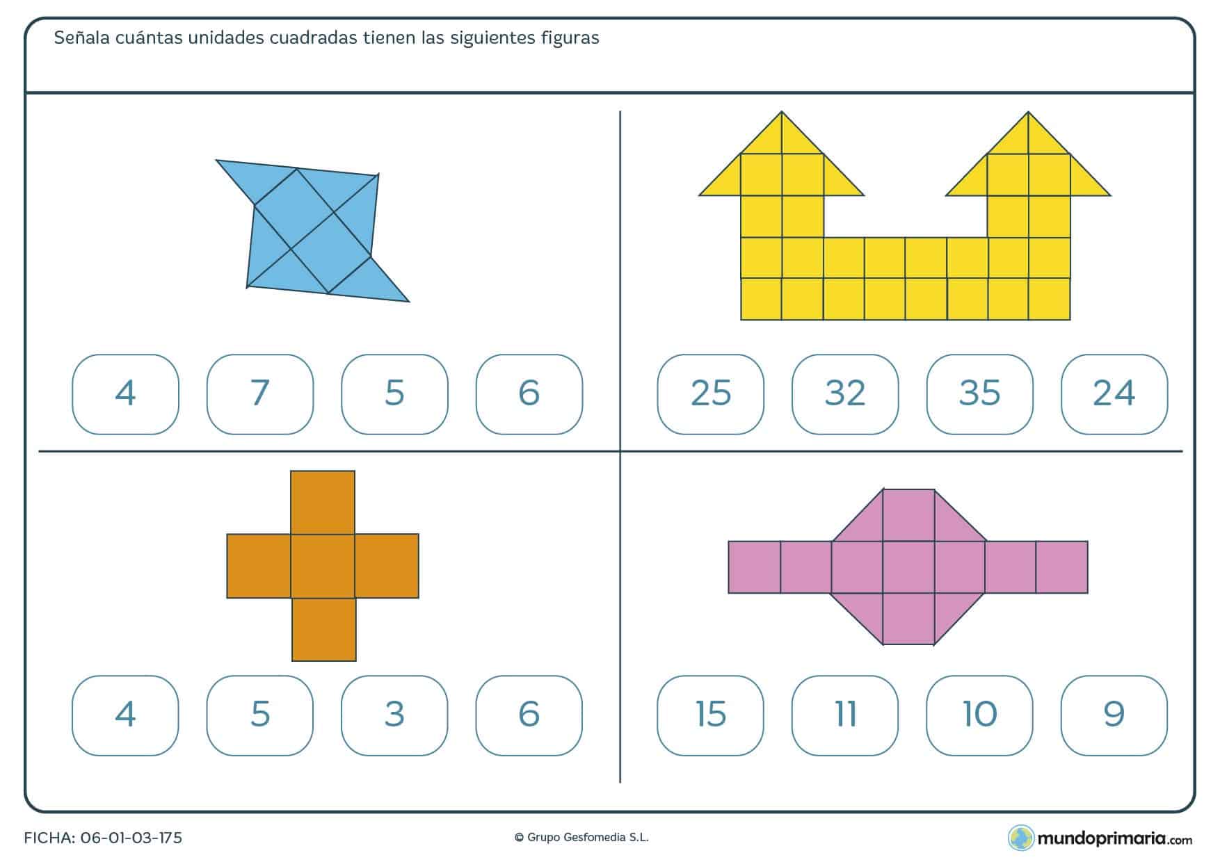 Ficha de unidades cuadradas en figuras que debes contar para resolver el número total que hay en cada dibujo.