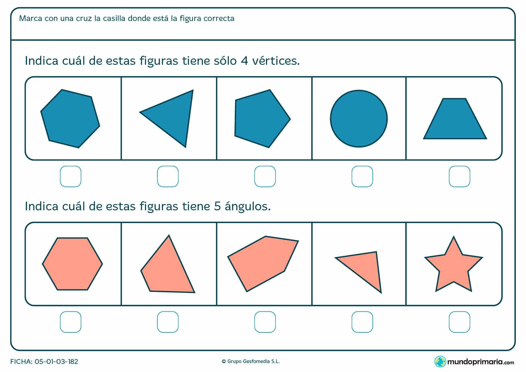 Ficha de vértices y ángulos geométricos para sumar sus ángulos y vértices y averiguar así la respuesta correcta.