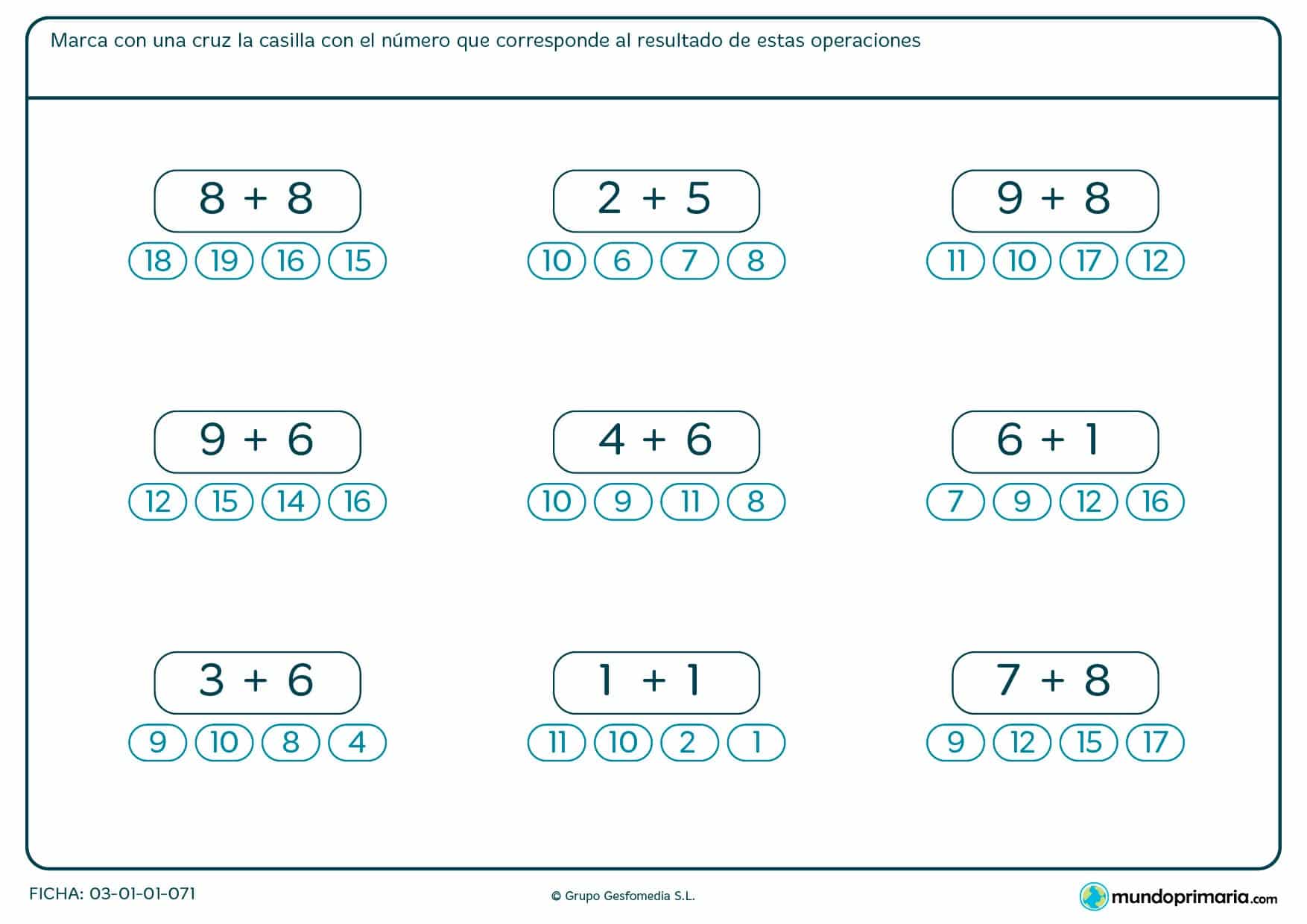 Ficha de varias sumas mentales en las que te damos 4 posibles soluciones a elegir.