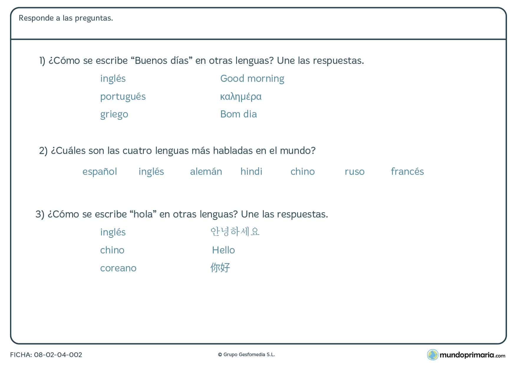 Ficha de variedad lenguas con varias preguntas para rsponder eligiendo las opciones adecuadas.