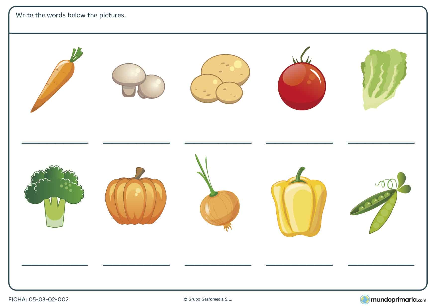 Ficha de vegetables en la que los niños de 8 a 9 años practican los nombres de verduras y hortalizas en inglés