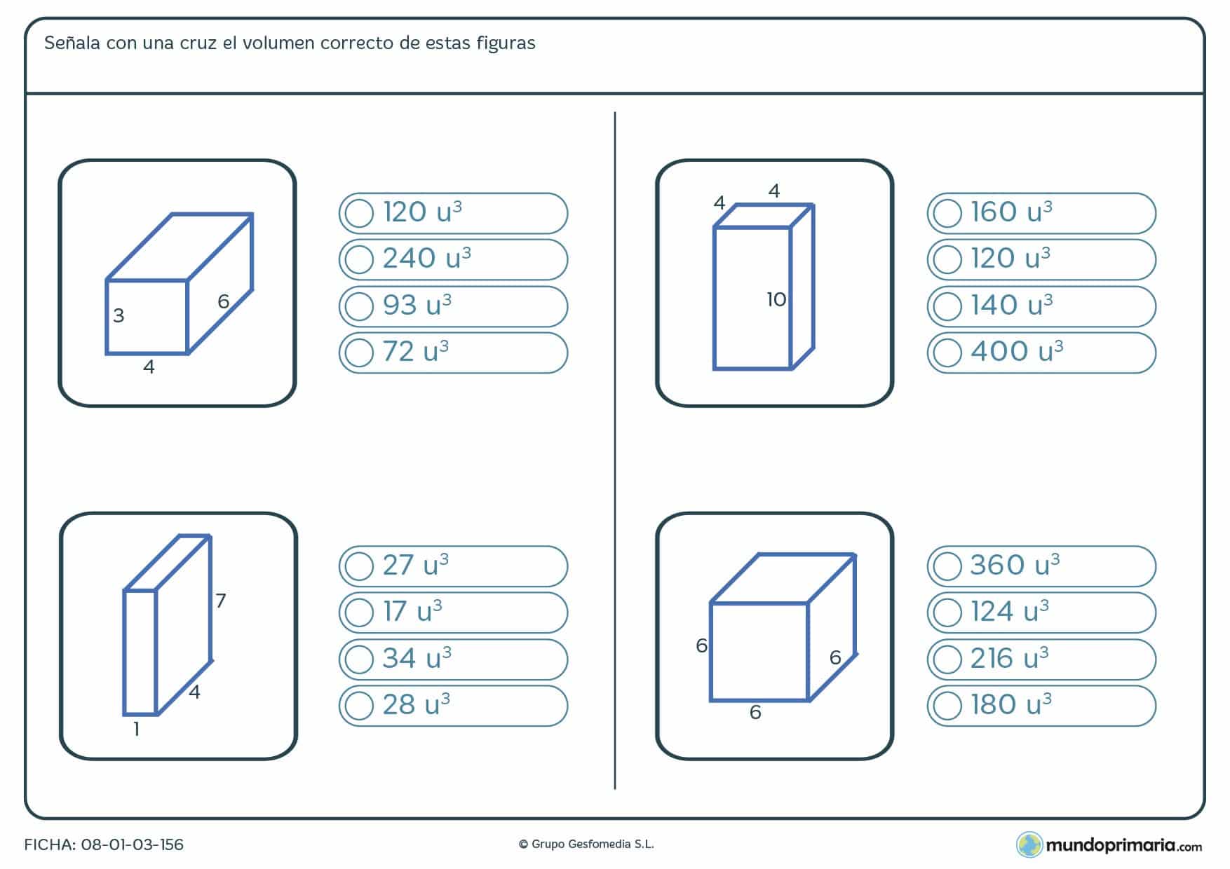 Ficha de volumen de figuras geométricas en las que te damos como datos las medidas de 3 de sus aristas.