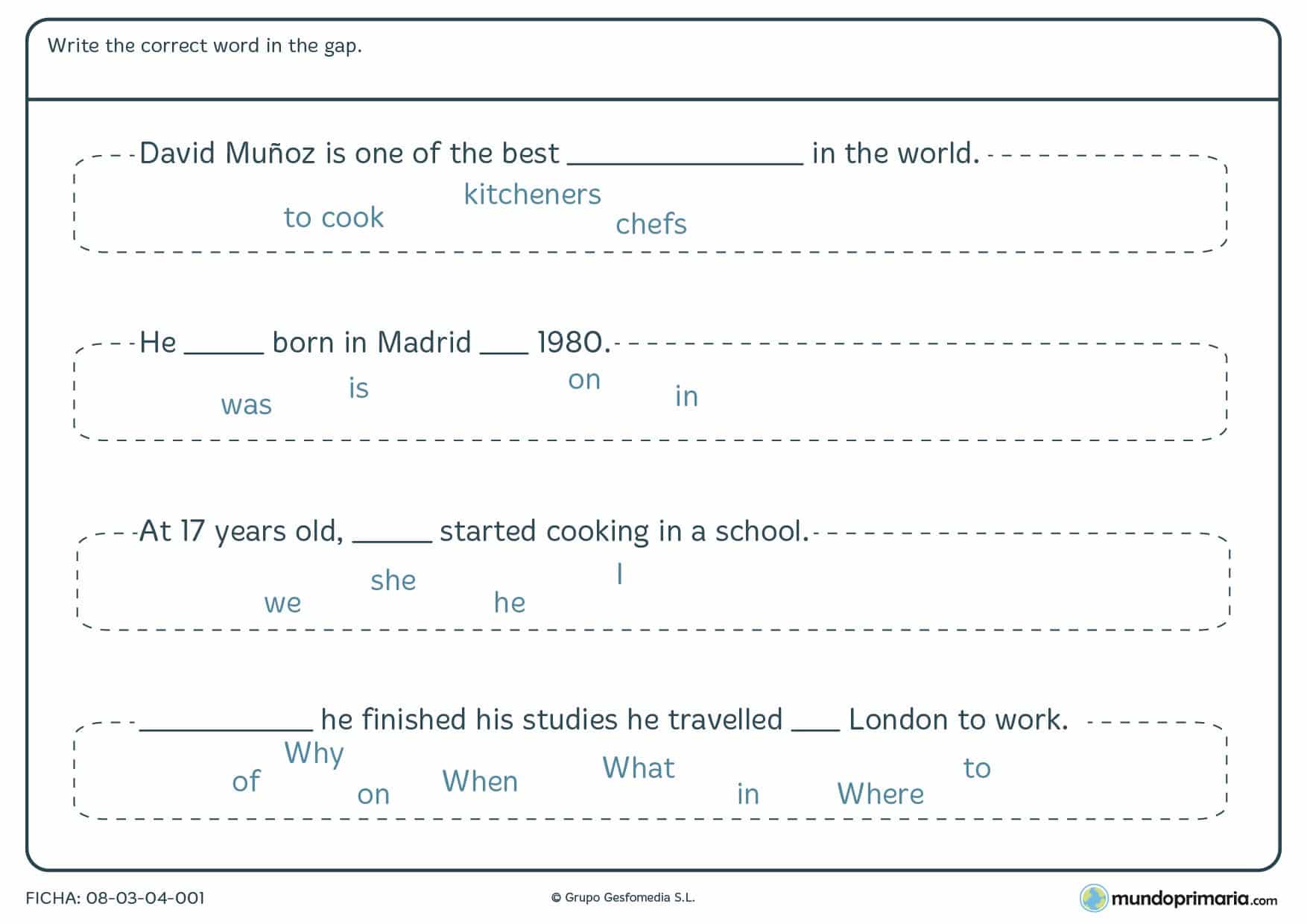 Ejercicios para niños de primaria para reforzar inglés con la ficha de write the correct word in the gap