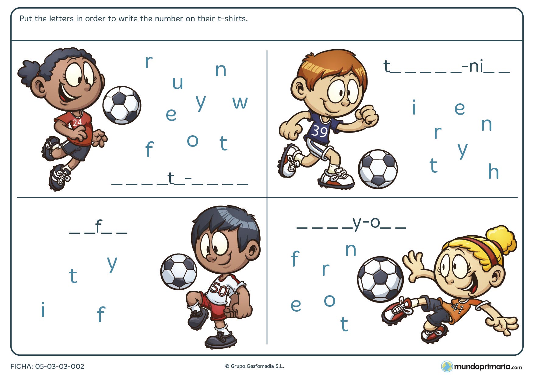 Ficha de write the number on the tshirts para aprender los números en inglés para niños