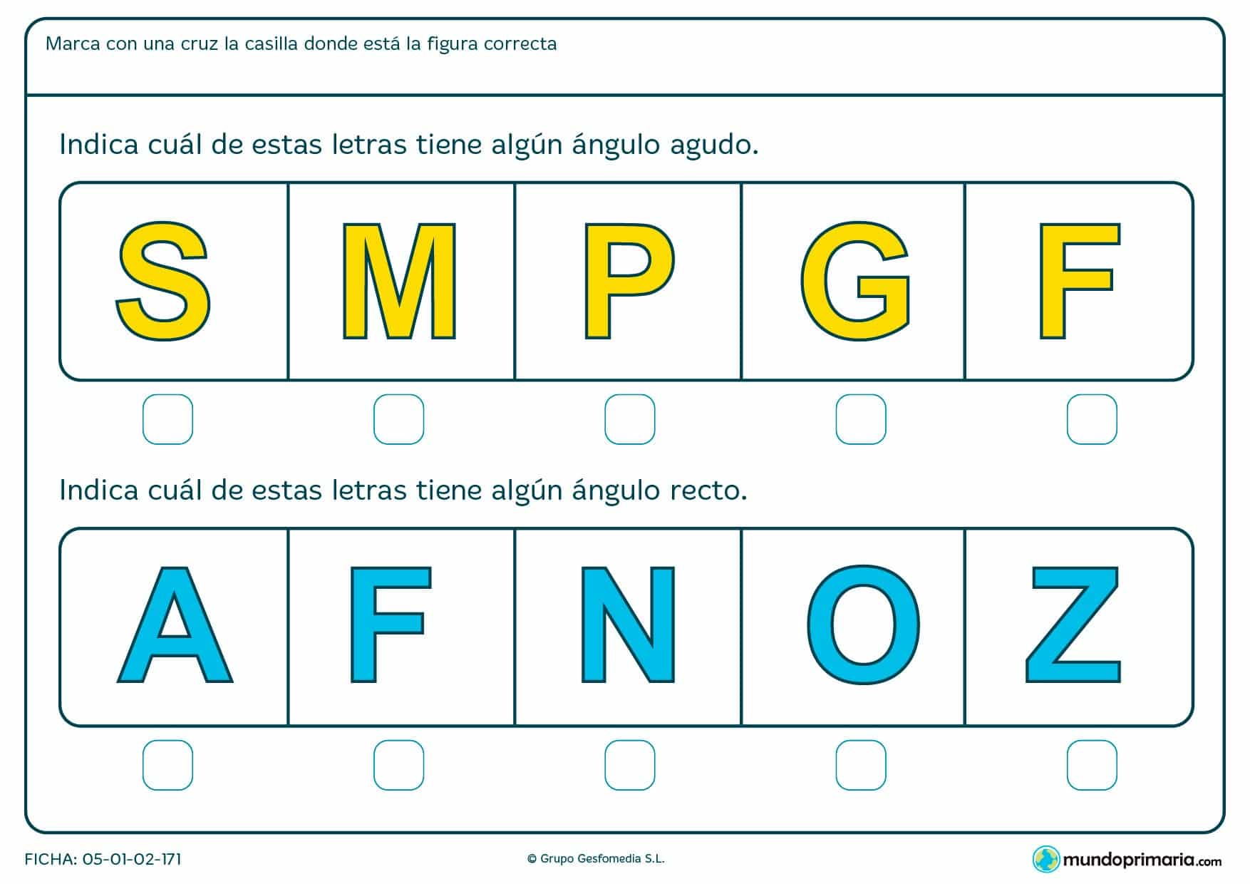 Ficha de ángulo de la F y otras mayúsculas en la que habrás de encontrar los ángulos que forman.