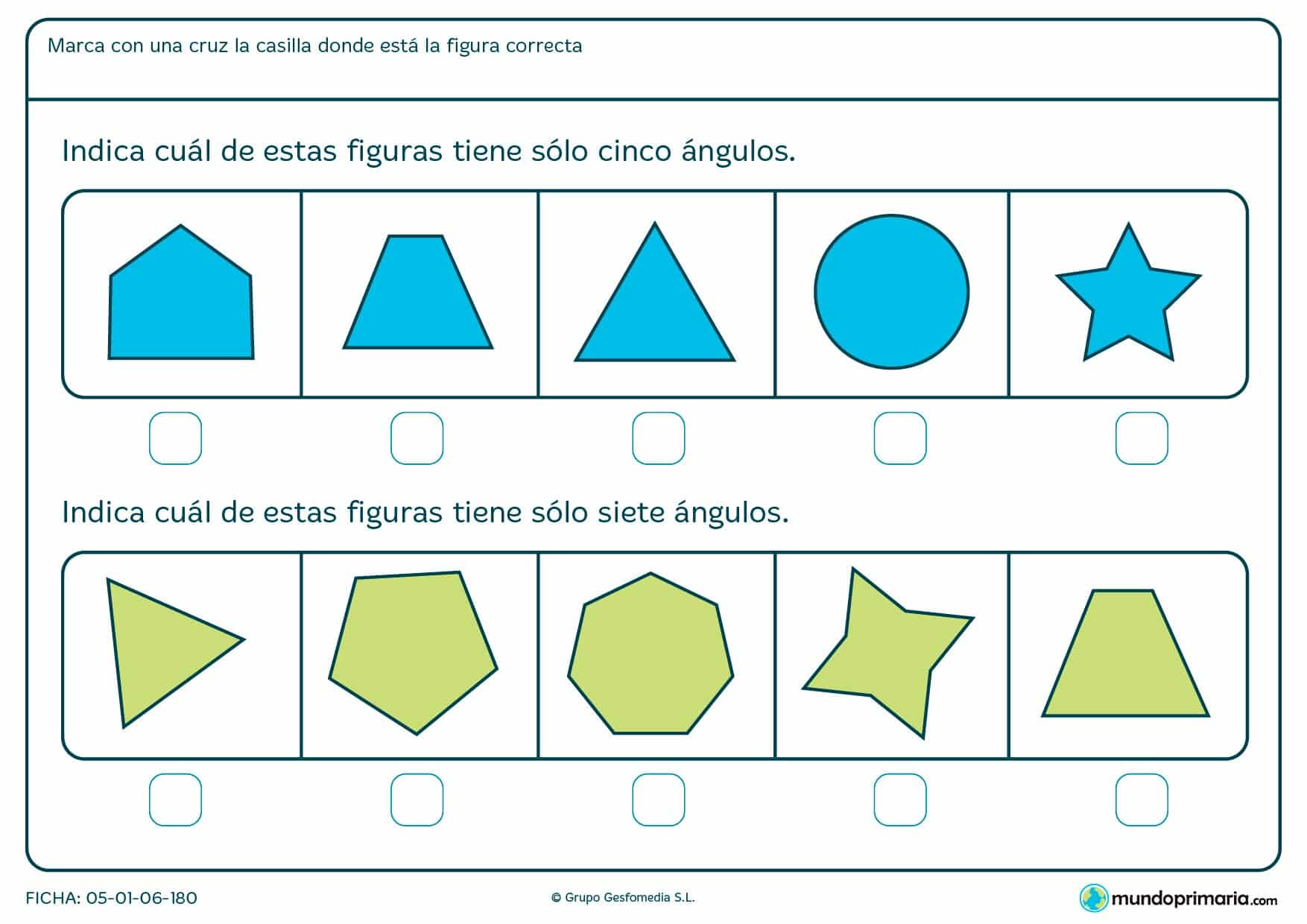 Ficha de ángulos geométricos en la que has de contar ángulos y decir que figura es la correcta.