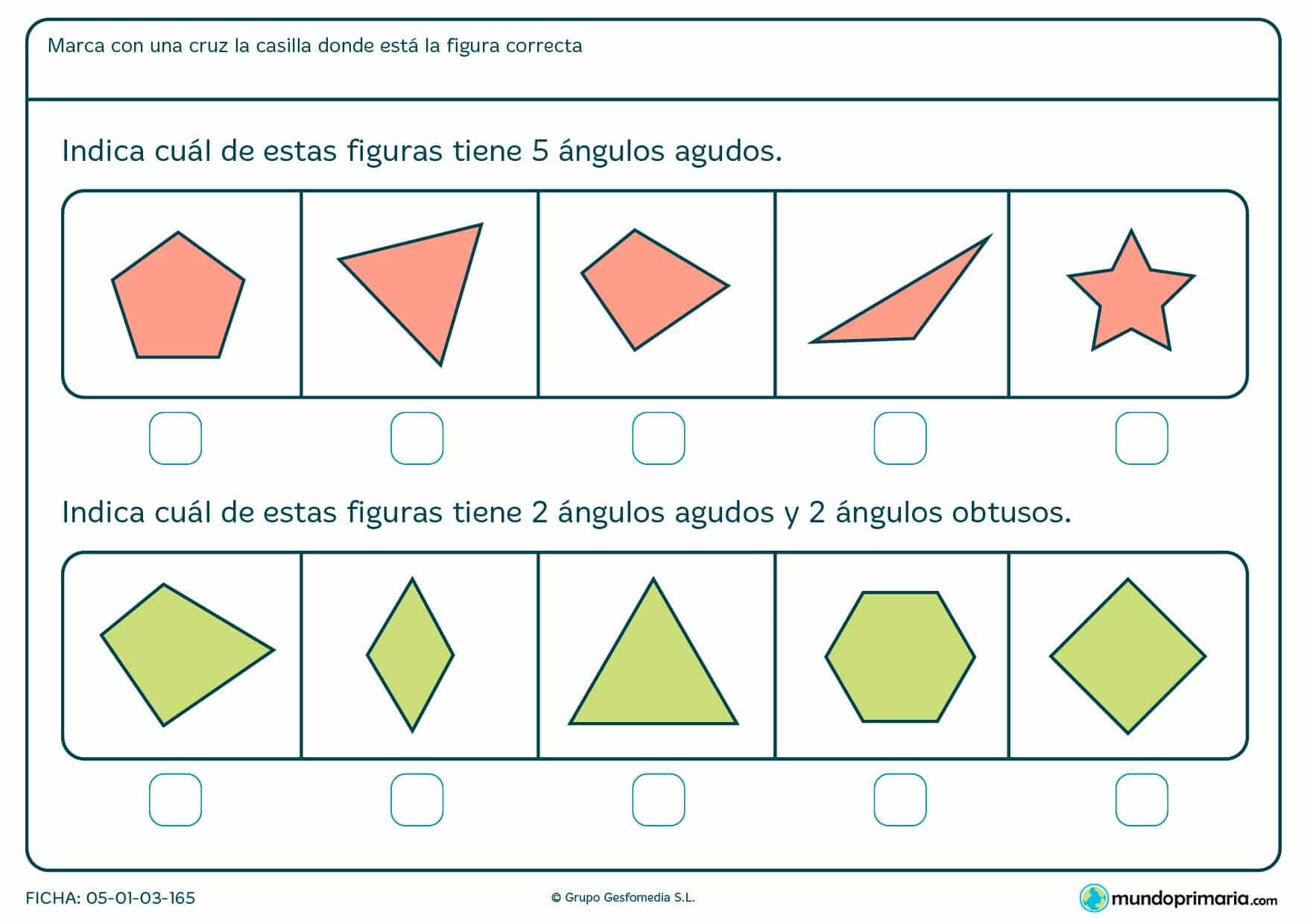 Ficha de ángulos obtusos y agudos en la que tendrás que contarlos y señalar la figura correcta que cumpla esas condiciones.