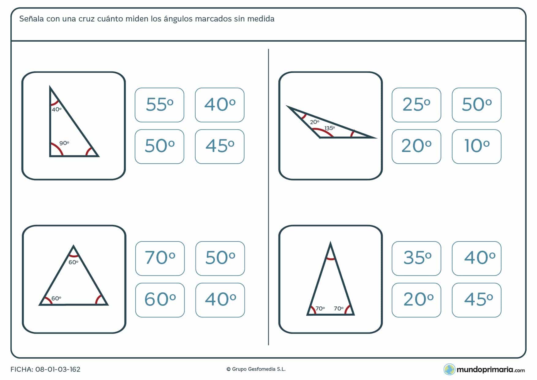 Ficha del ángulo correcto. Halla el ángulo que falta sin medida de los triángulos de las imágenes.
