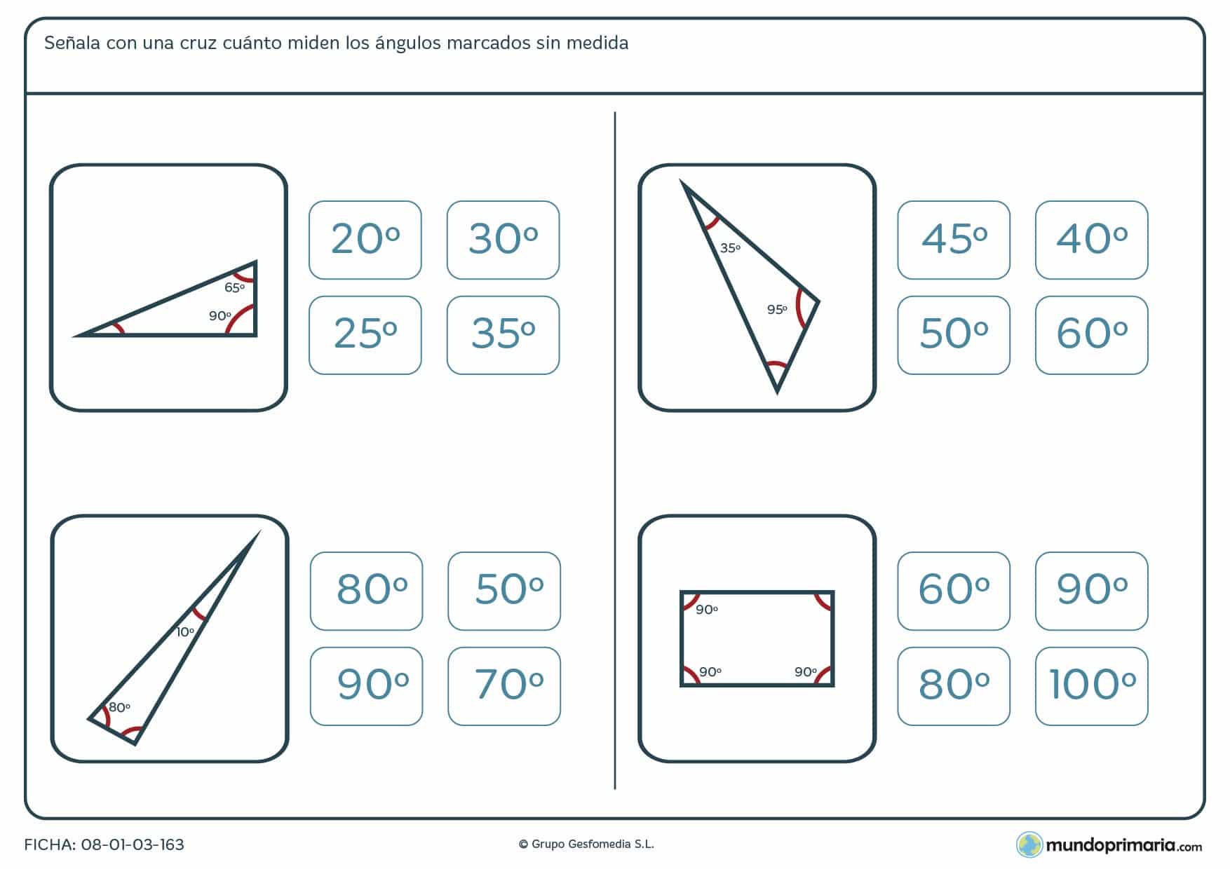 Ficha del ángulo marcado, en la que partiendo de los ángulos marcados con medida has de hallar el que no la tiene.