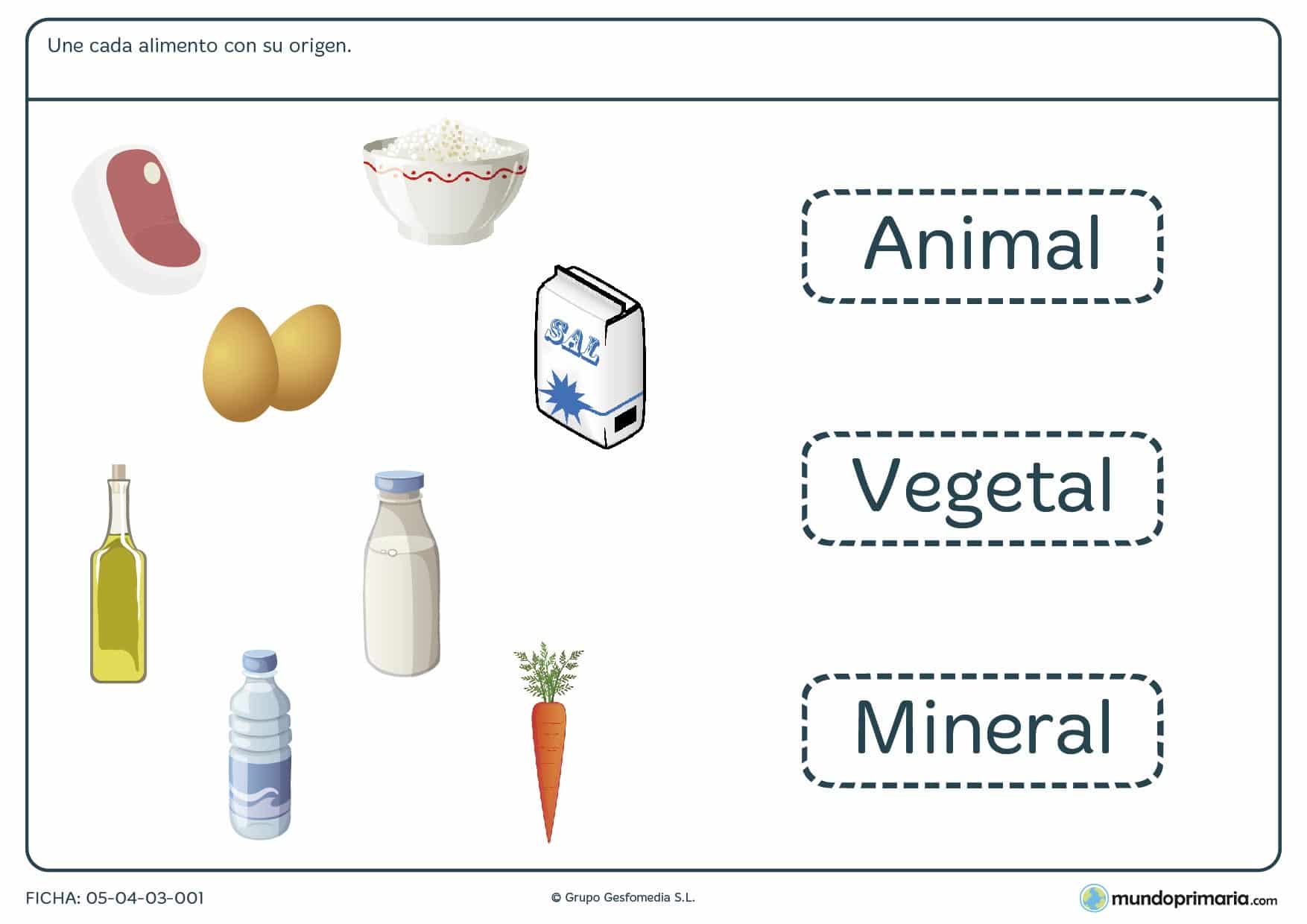 Ficha del origen de los alimentos en las que has de unir cada alimento con su origen, animal, vegetal o mineral.