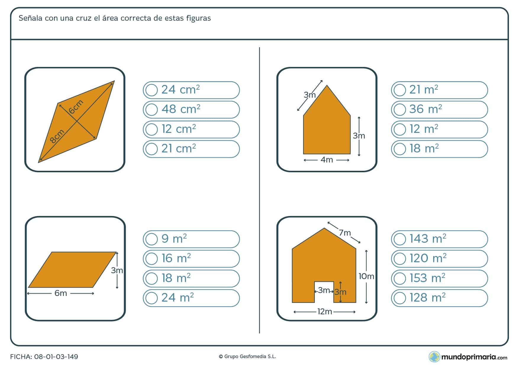 Ficha del área de polígonos en la que deberás marcar el resultado correcto sobre el área de las figuras.