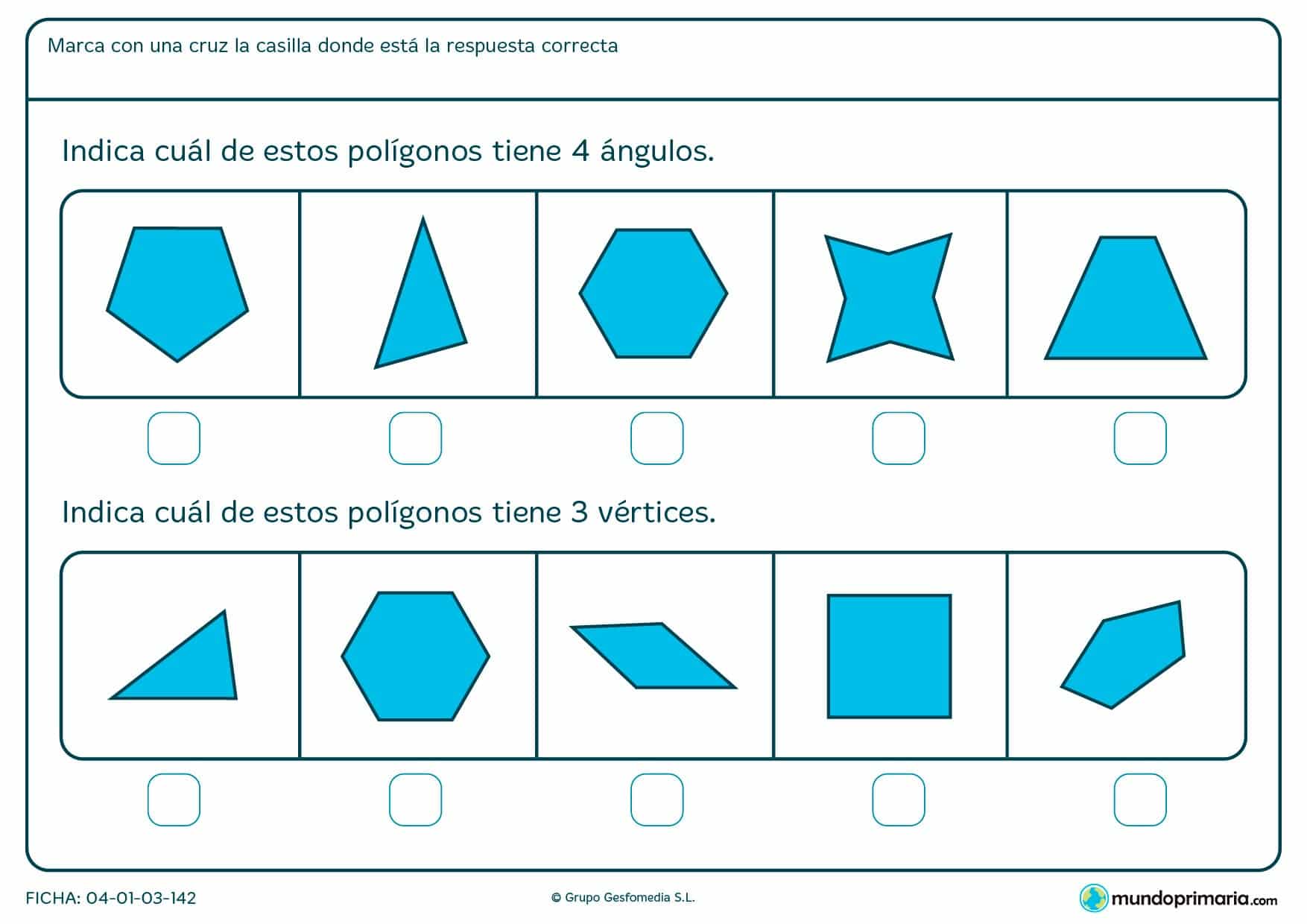 Ficha sobre vértices y ángulos para contarlos en los polígonos y señalar en la ficha las figuras que se corresponden con ellos.