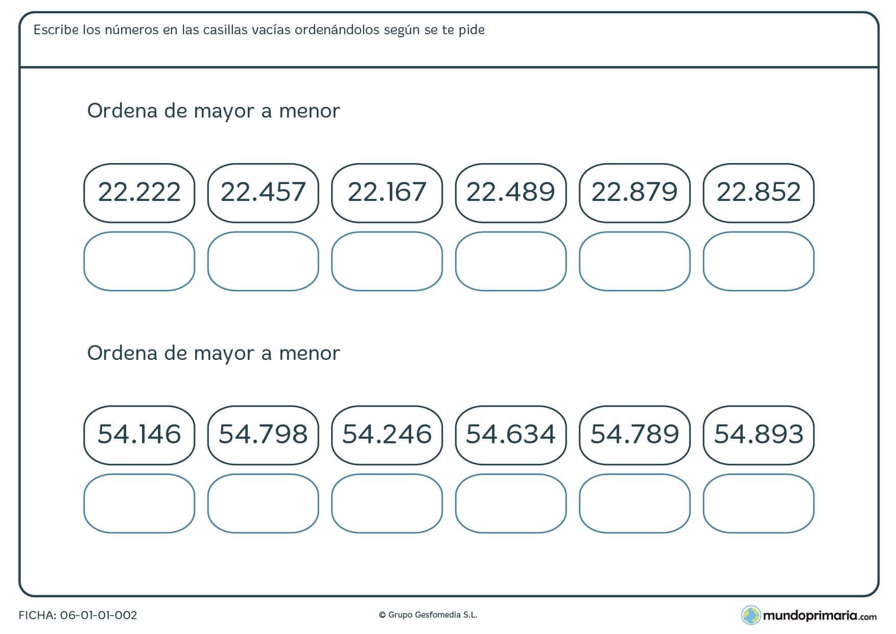 Fichas de clasificar cantidades para primaria por su valor, de mayor a menor y viceversa.