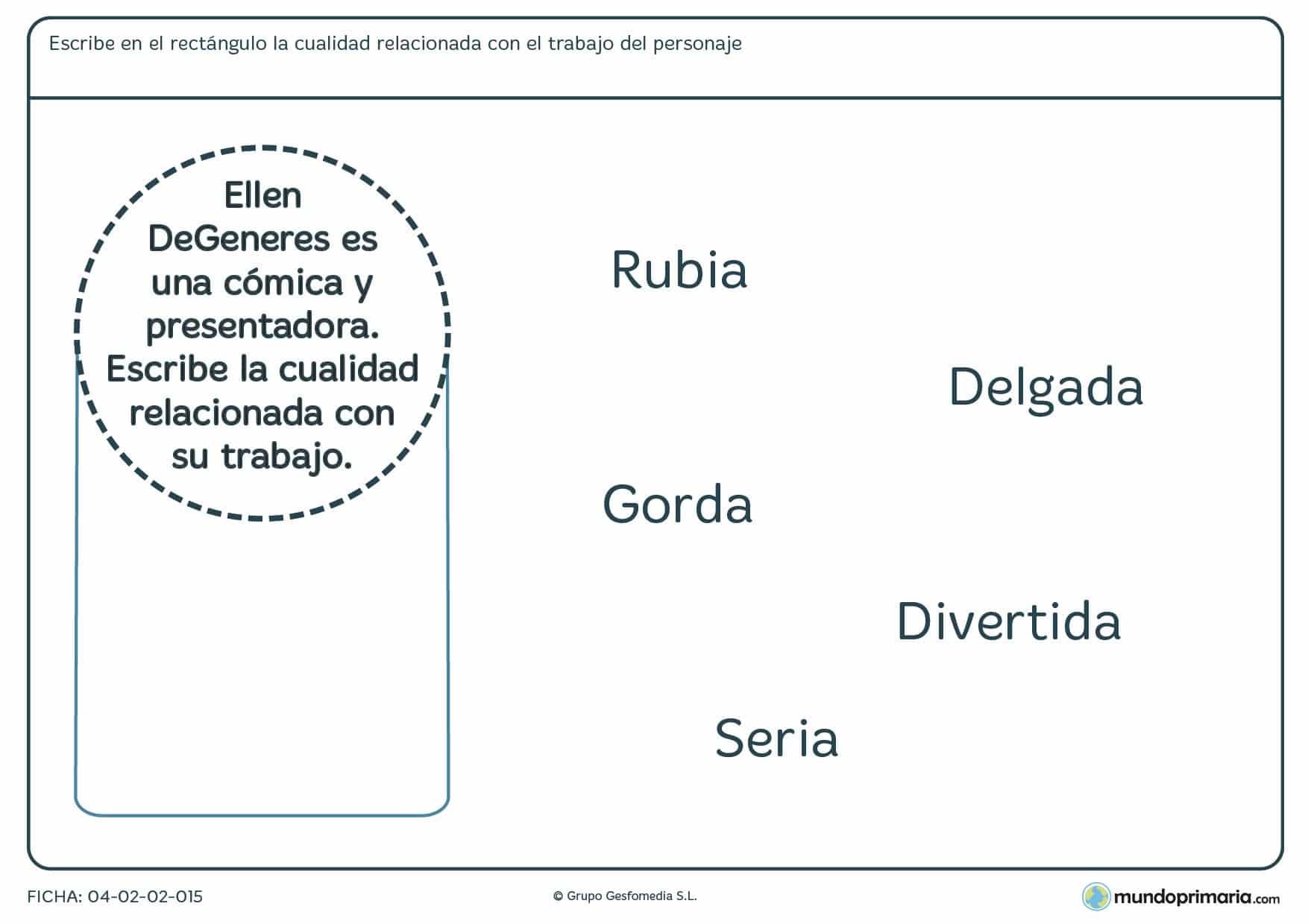 Ficha para niños de primaria de agrupar el empleo con la característica en la que tendrás que relacionar alguno de los adjetivos dados con la descripción de un personaje.