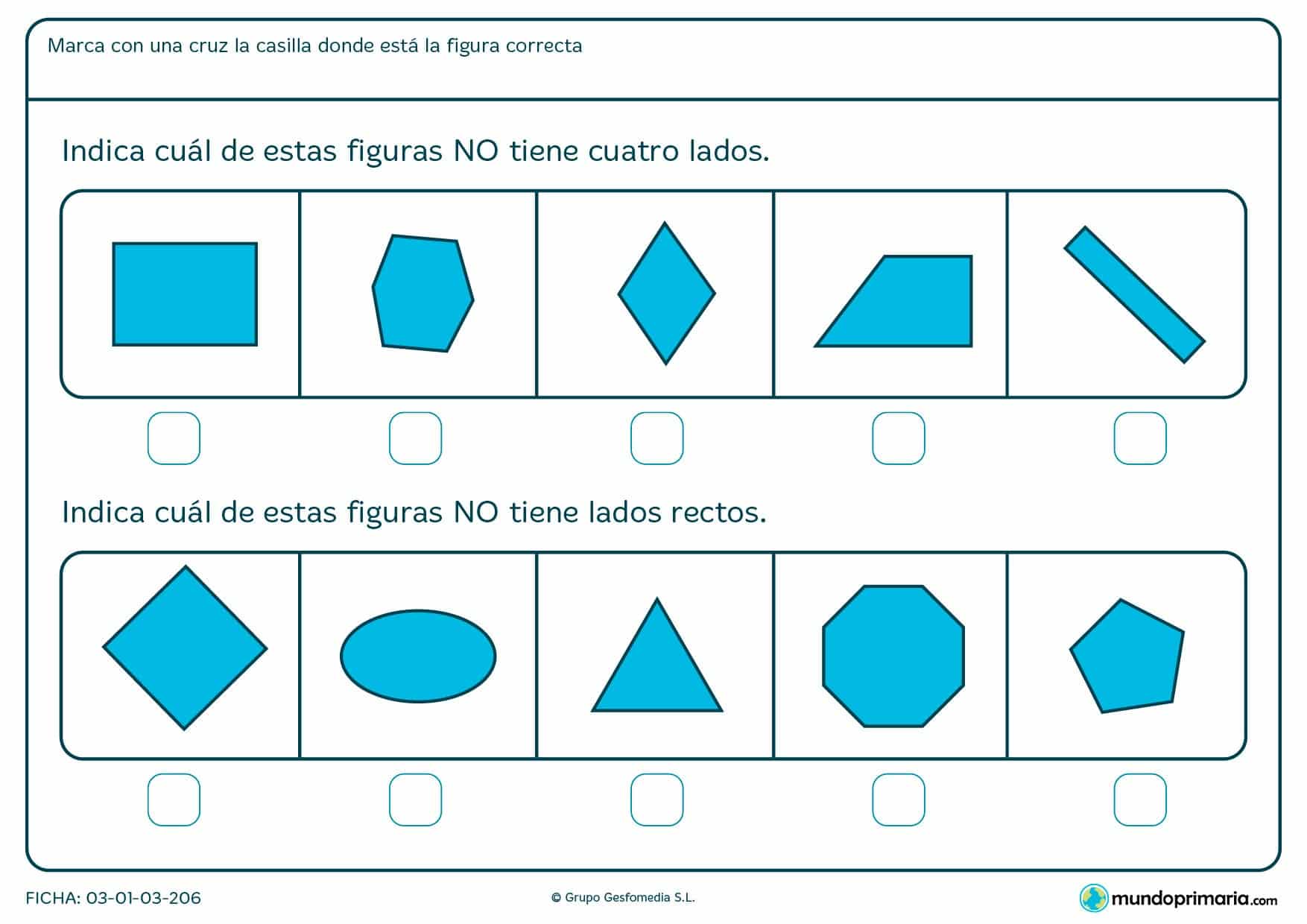 Ficha de bordes rectos para que los niños de primero de primaria aprendan a diferenciar figuras de distintos números de lados.