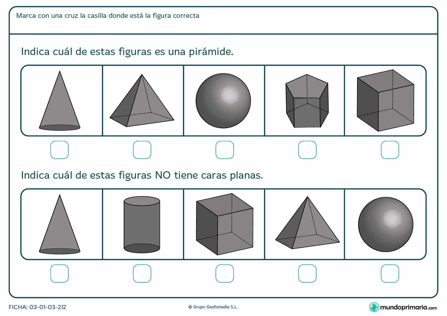 Ficha de caras planas para diferenciar varias figuras de caras planas o curvas para niños de primero de primaria.