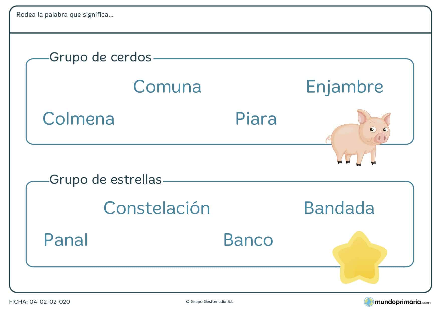 Ficha para niños de segundo de primaria de conocer palabras que designa grupos de objetos en la que tendrás que identificar qué palabra designa al grupo de objetos especificado en el enunciado.