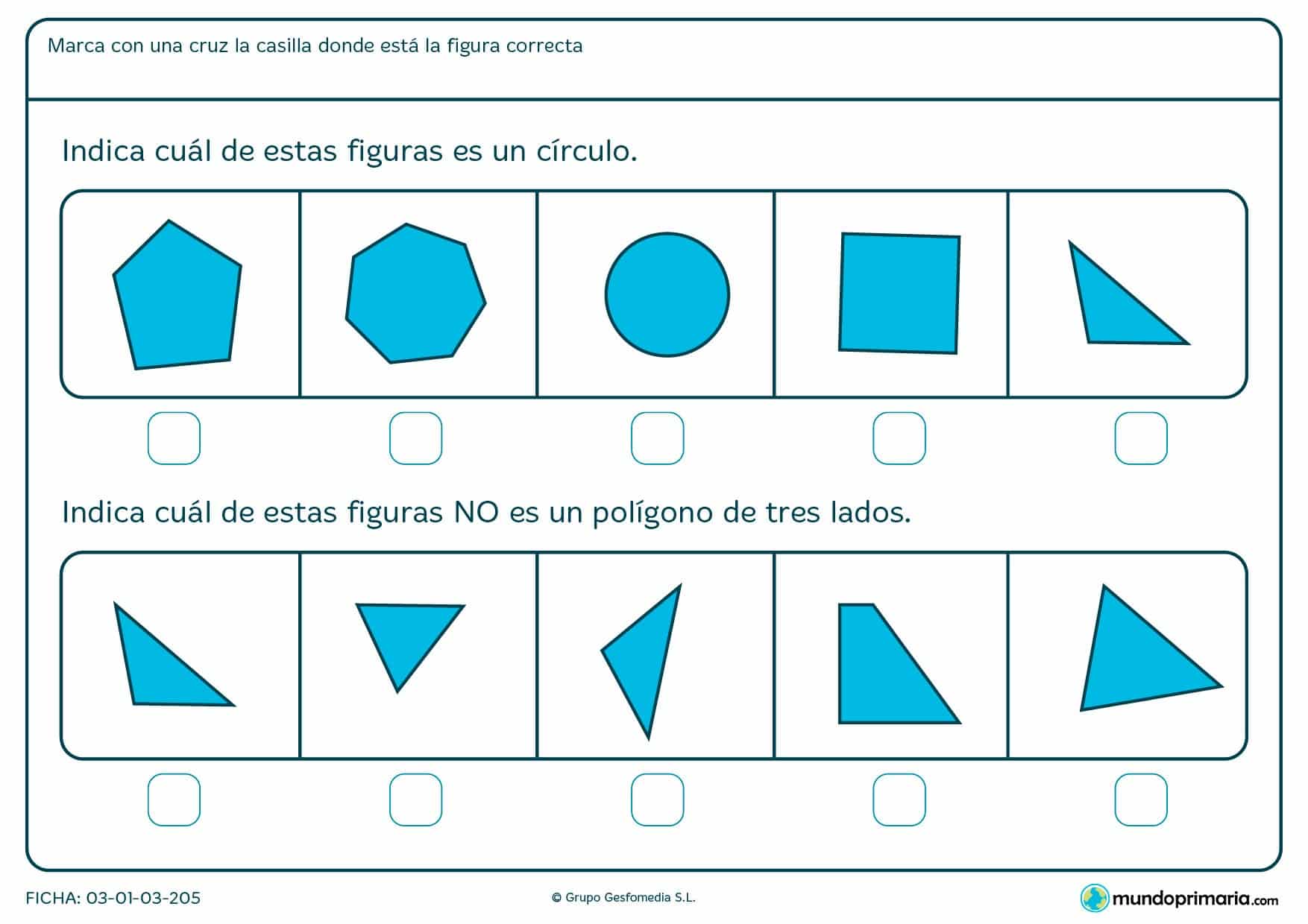 Ficha de construcción de tres lados para que los niños de primero de primaria identifiquen diferentes figuras geométricas y distingan el número de lados.