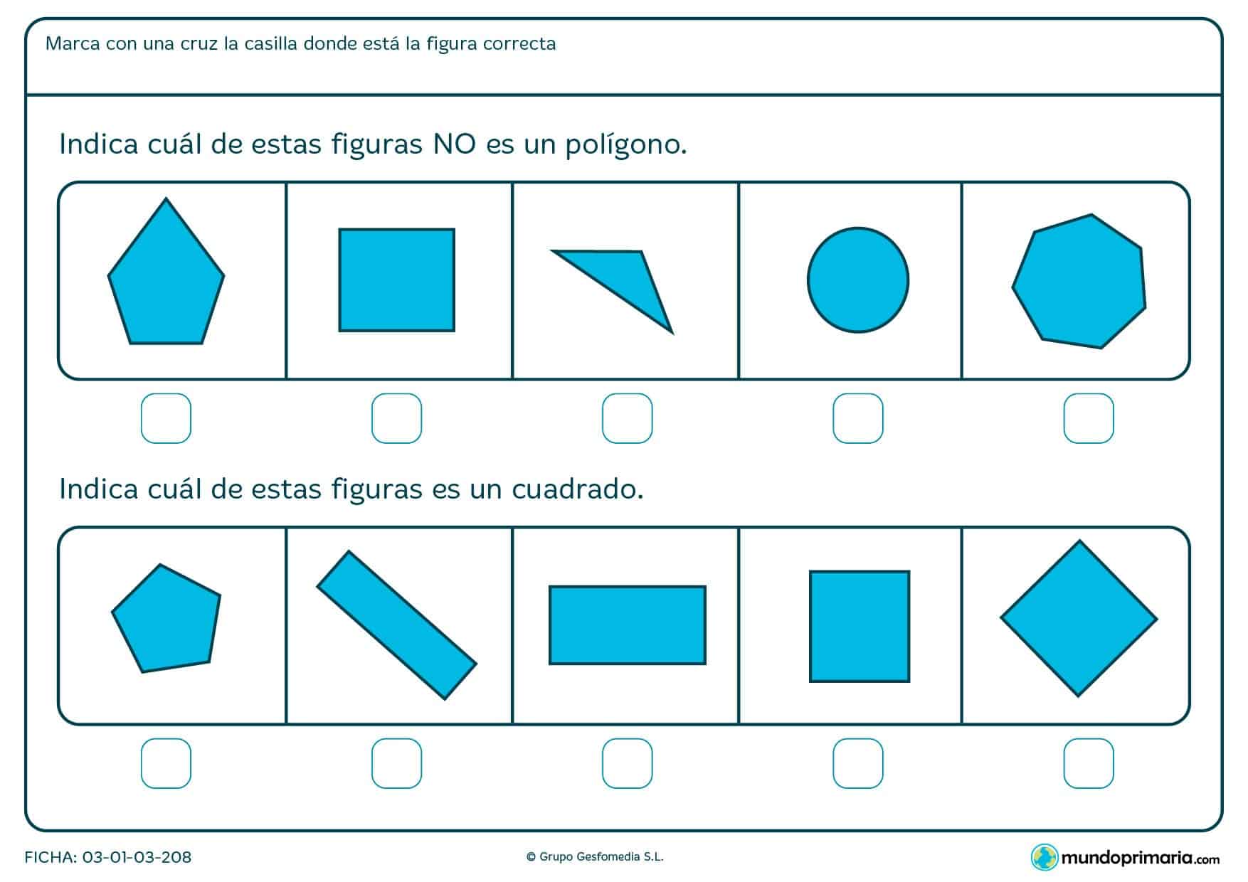 Ficha de cuadrilateros en el que los niños de primero de primaria aprenden a través de ejercicios prácticos a diferenciar figuras.