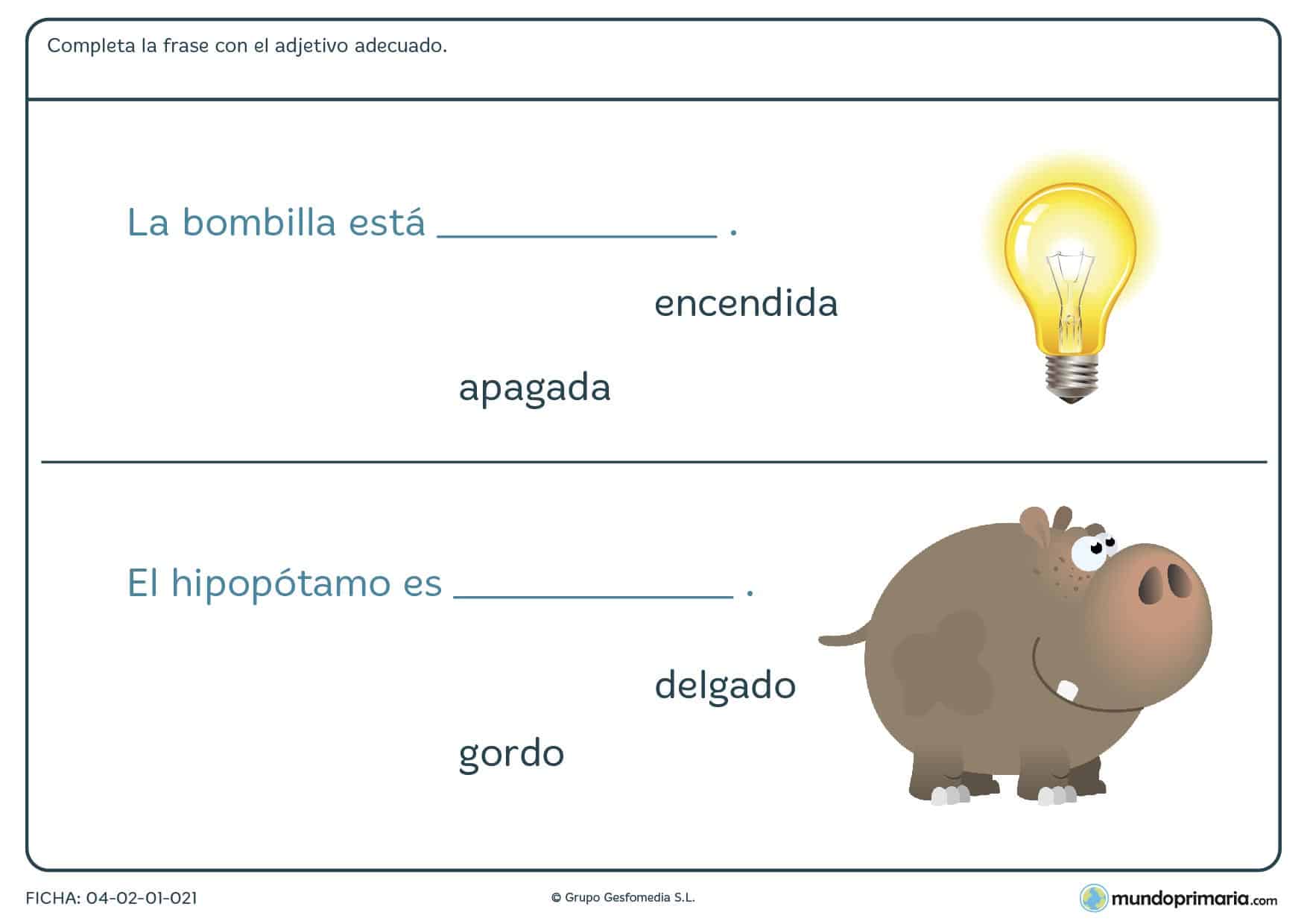 Elige el adjetivo adecuado según corresponda para repasar lenguaje de segundo de primaria con esta ficha