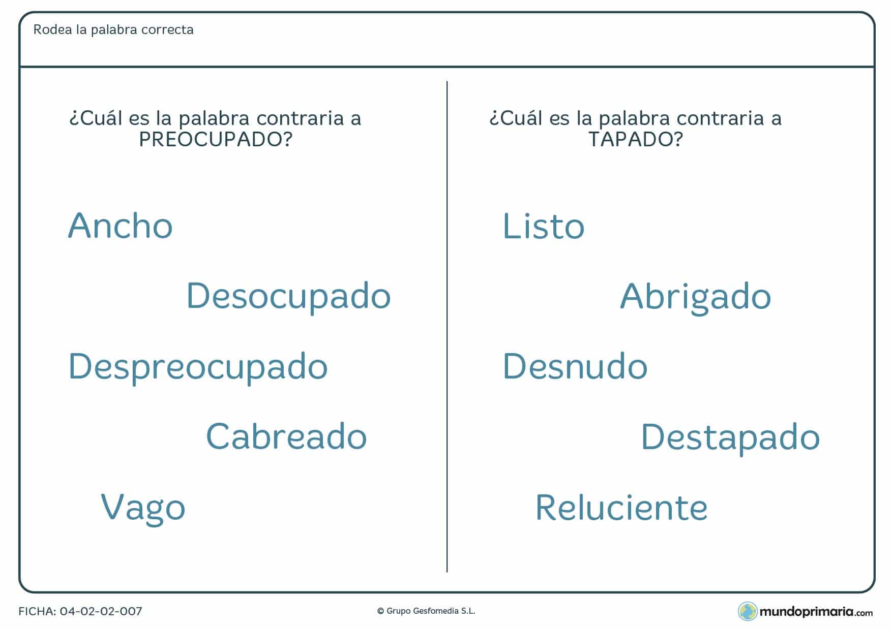 Ficha para segundo de primaria de encontrar la palabras contraria en la que, dentro del grupo de palabras dado, hay que identificar la palabra contraria de "preocupado" y "tapado".