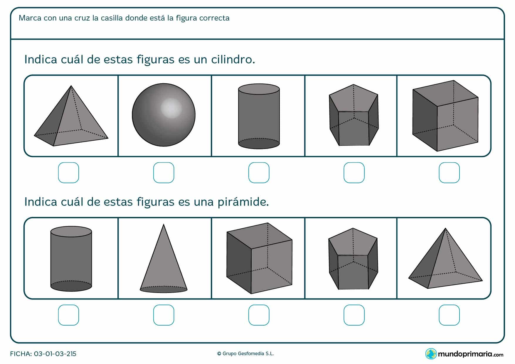 Ficha para niños de primero de primaria sobre diferenciar y encontrar formas como la pirámide o el cilindro.