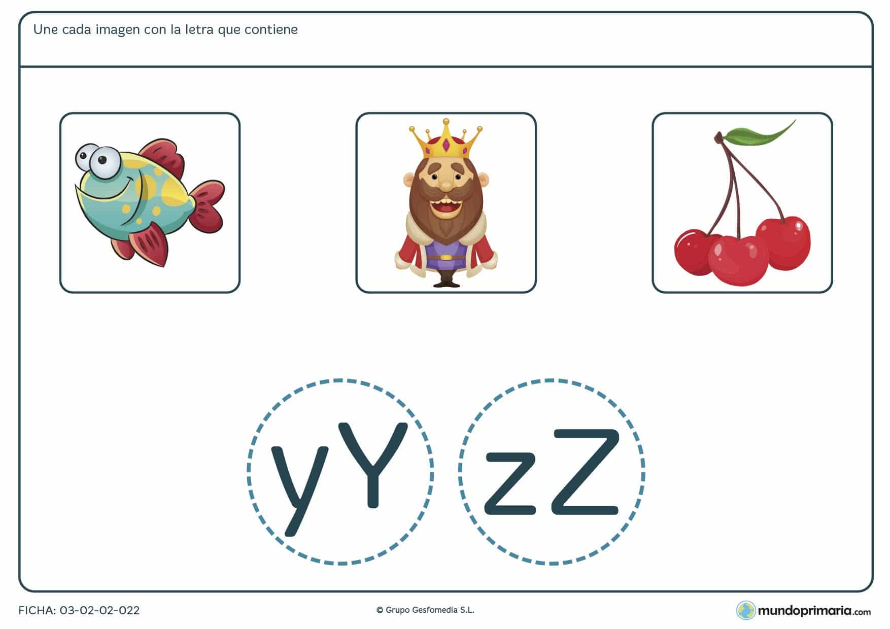 Ficha de enlazar cada imagen con su letra para practicar vocabulario y ortografía en 1º de Primaria