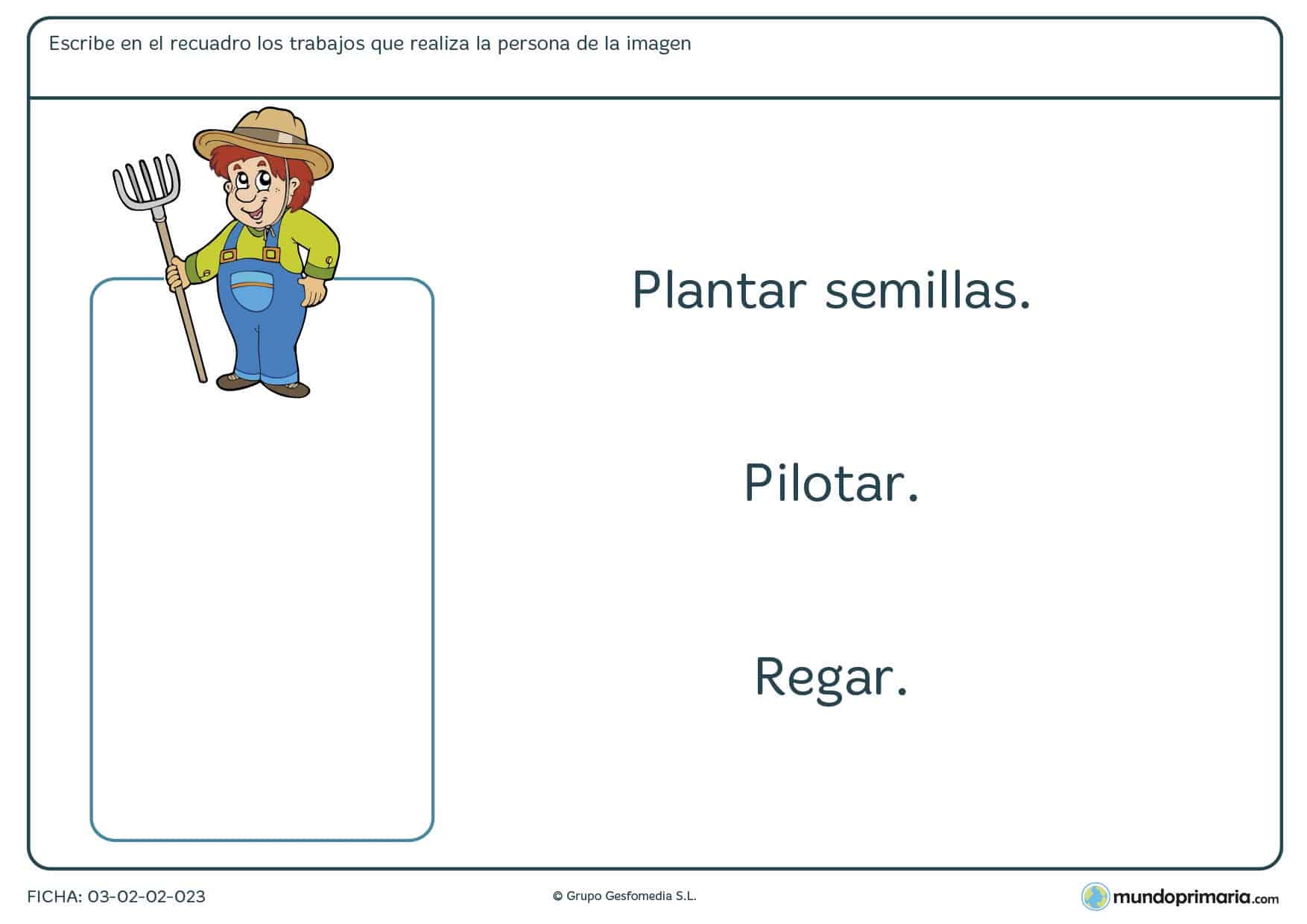 Ficha de escribir la profesión para aprender a identificar la labor de cada persona en su trabajo. Ejercicio de 1º de Primaria.
