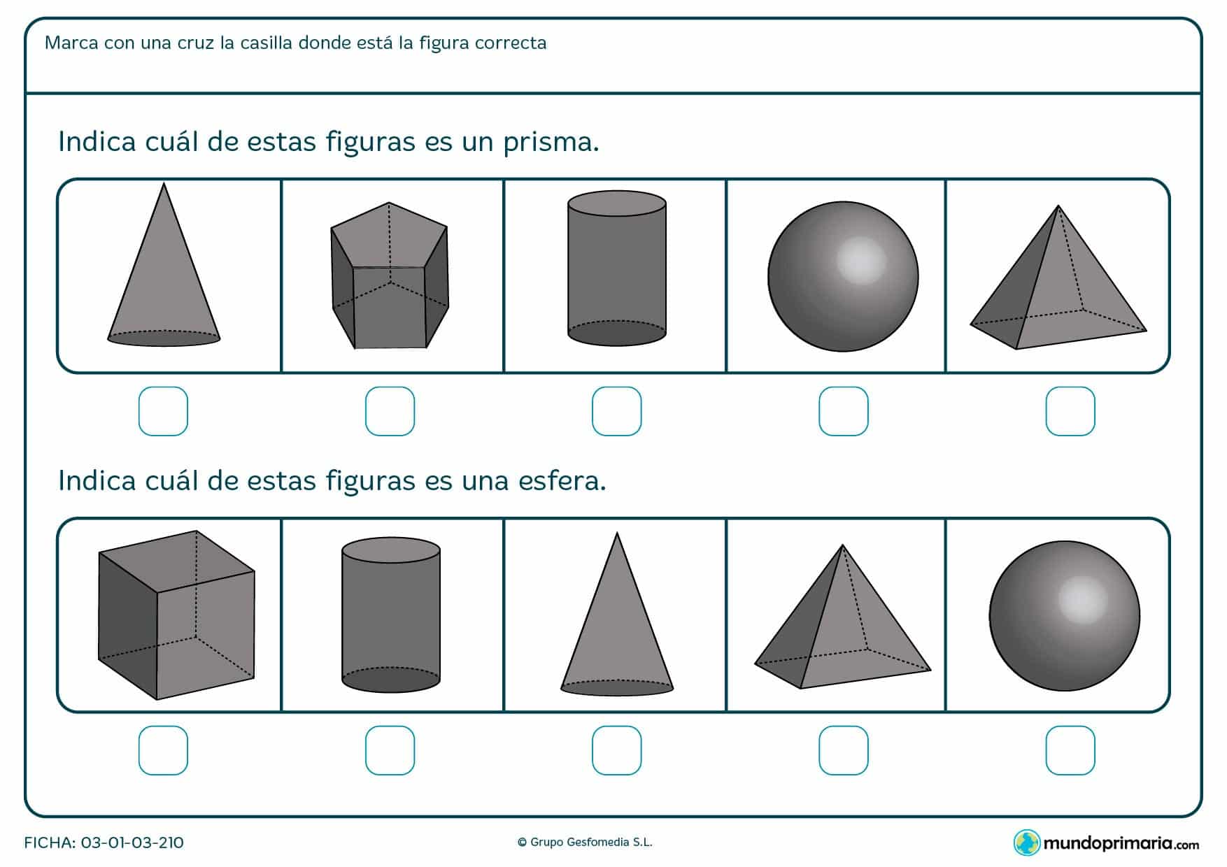 Ficha de esféricos para que los niños de primero de primaria indiquen cual es la figura correspondiente.