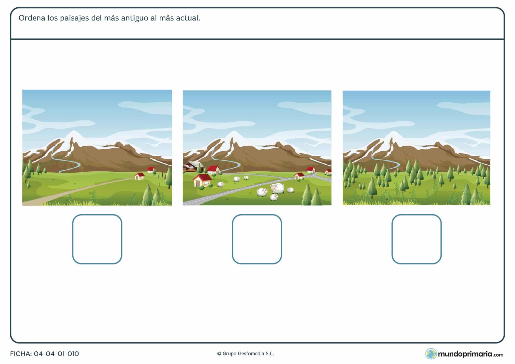 Ficha de evolución del paisaje en la que hay que ordenar los diferentes paisajes del más antiguo al más actual.