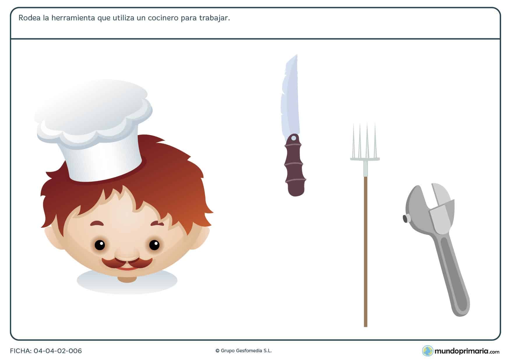 Ficha de herramientas del cocinero en el que hay que rodear cúal de las herramientas proporcionadas utiliza el cocinero para trabajar.