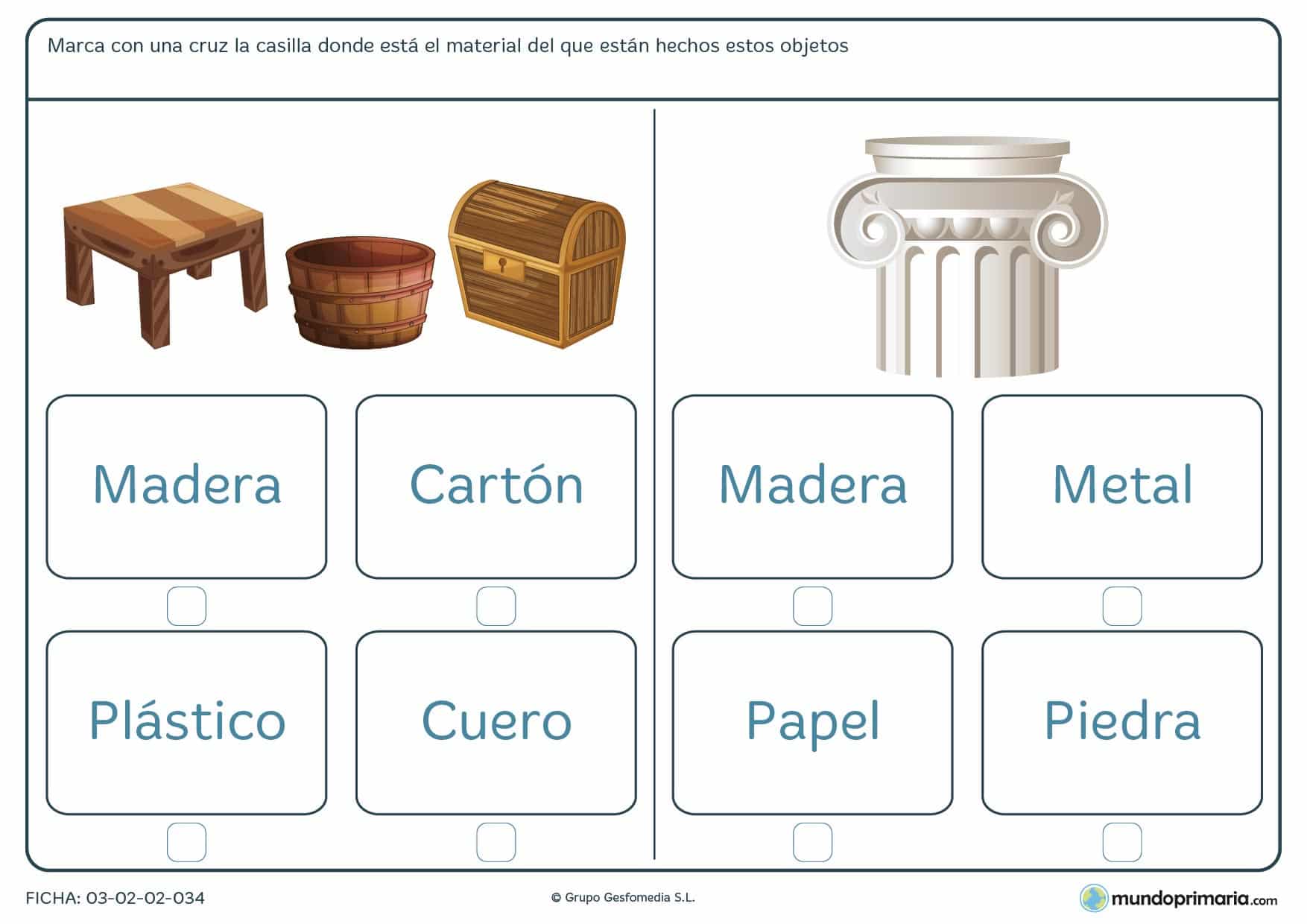 Ficha de identificar el material de los objetos para aprender de qué están hechas las cosas en 1º de Primaria.