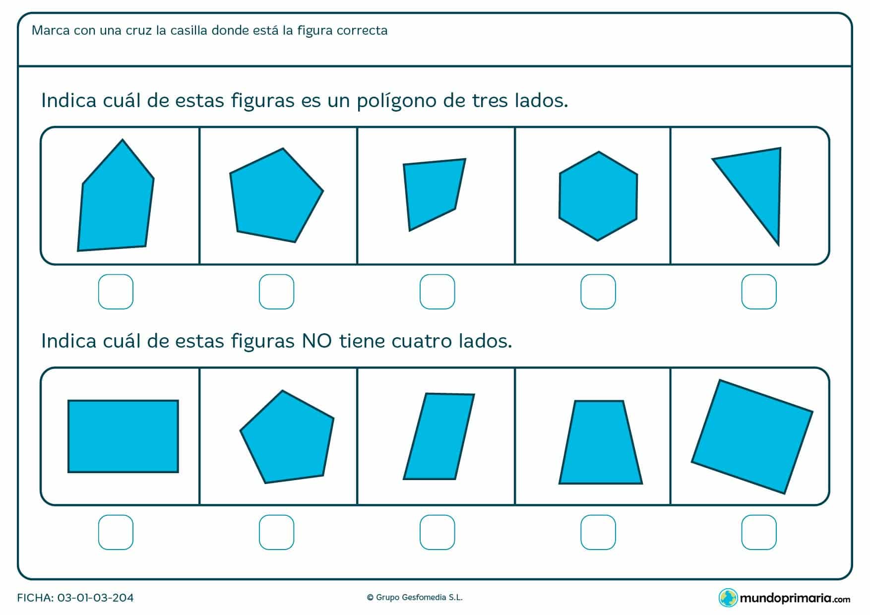 Ficha de imagen de cuatro lados en el que los niños de primero de primaria realizan ejercicios que ayudan a distinguir polígonos de distintos lados.