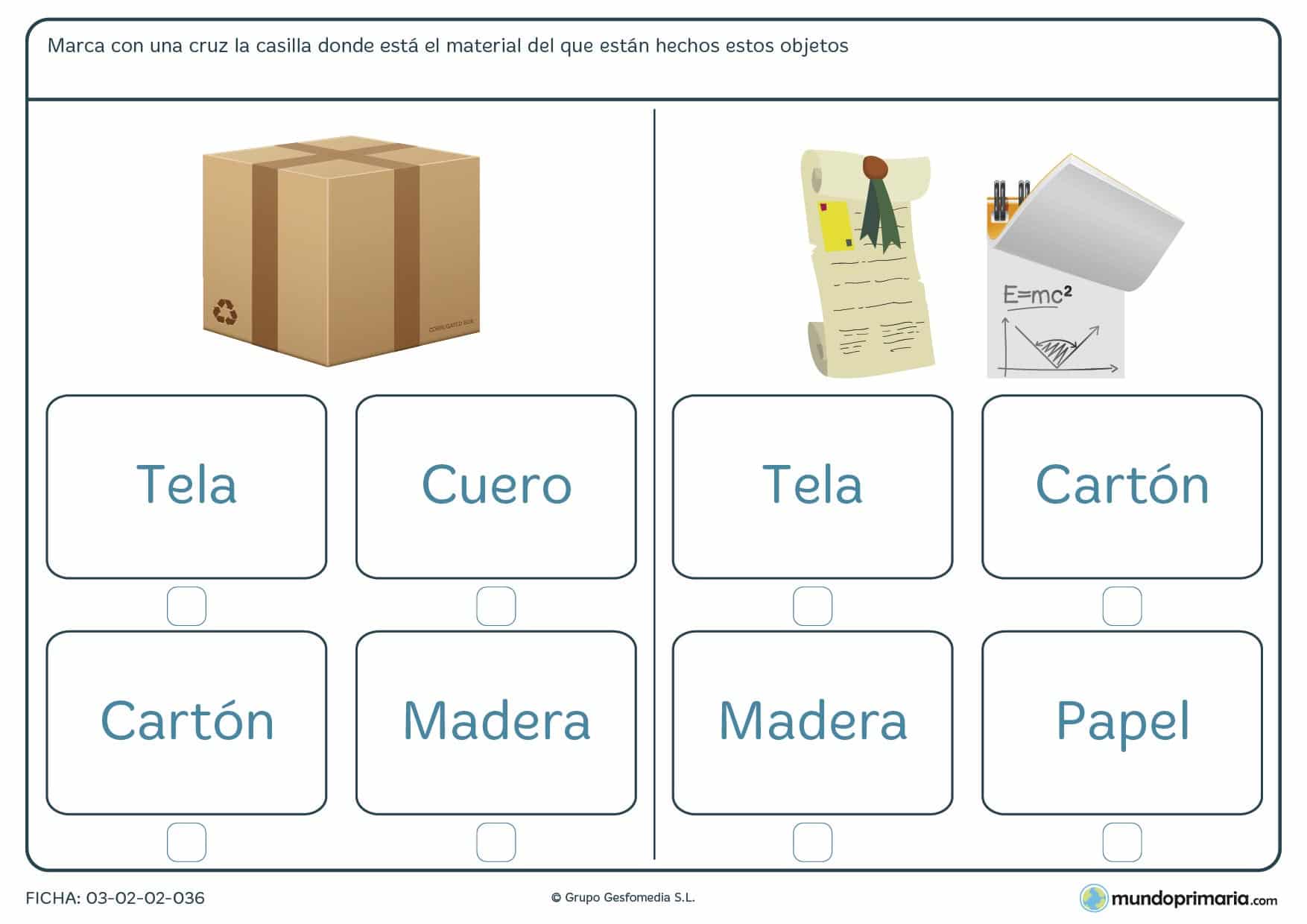 Ficha de los objetos y sus materiales para aprender vocabulario en 1º de Primaria.