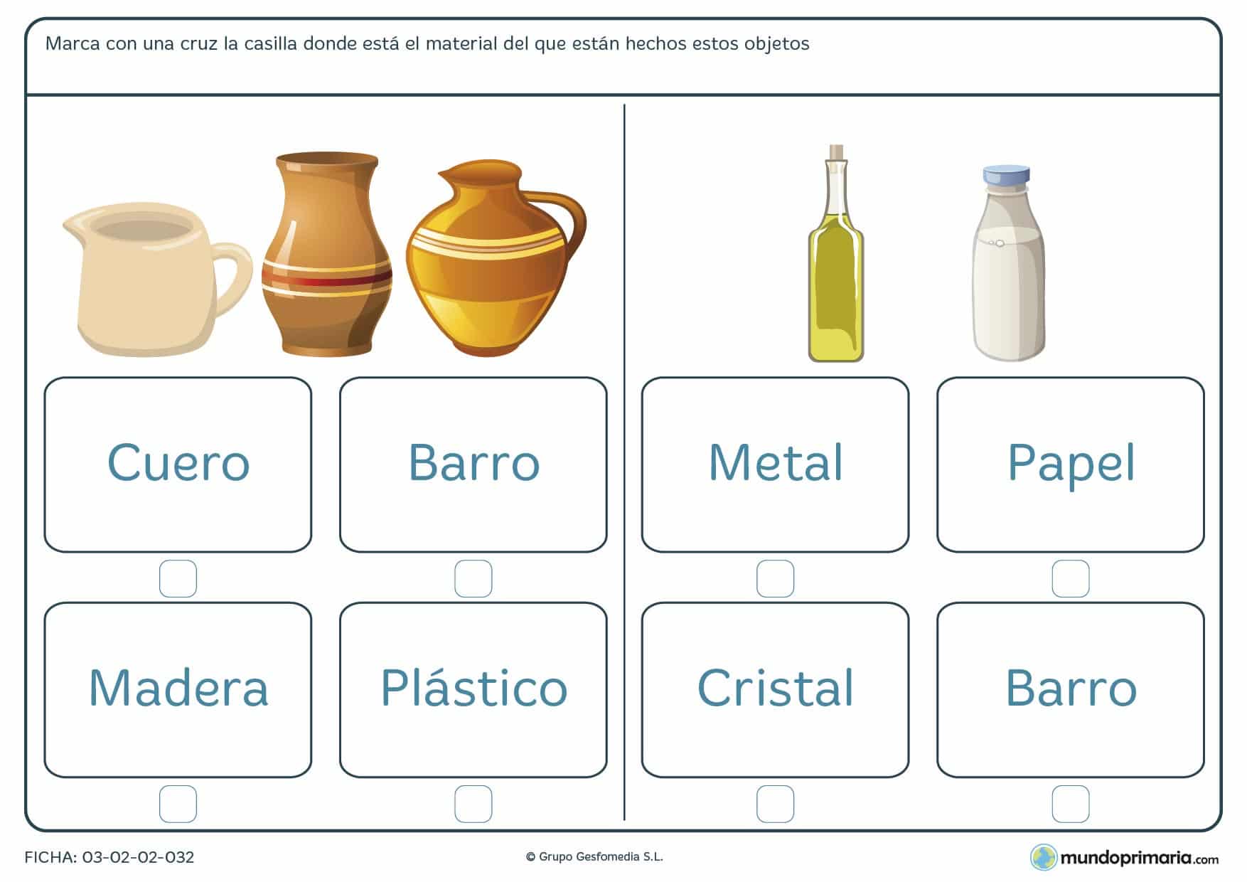 Ficha de marcar el material del objeto para aprender de qué está hecho cada envase en 1º de Primaria.