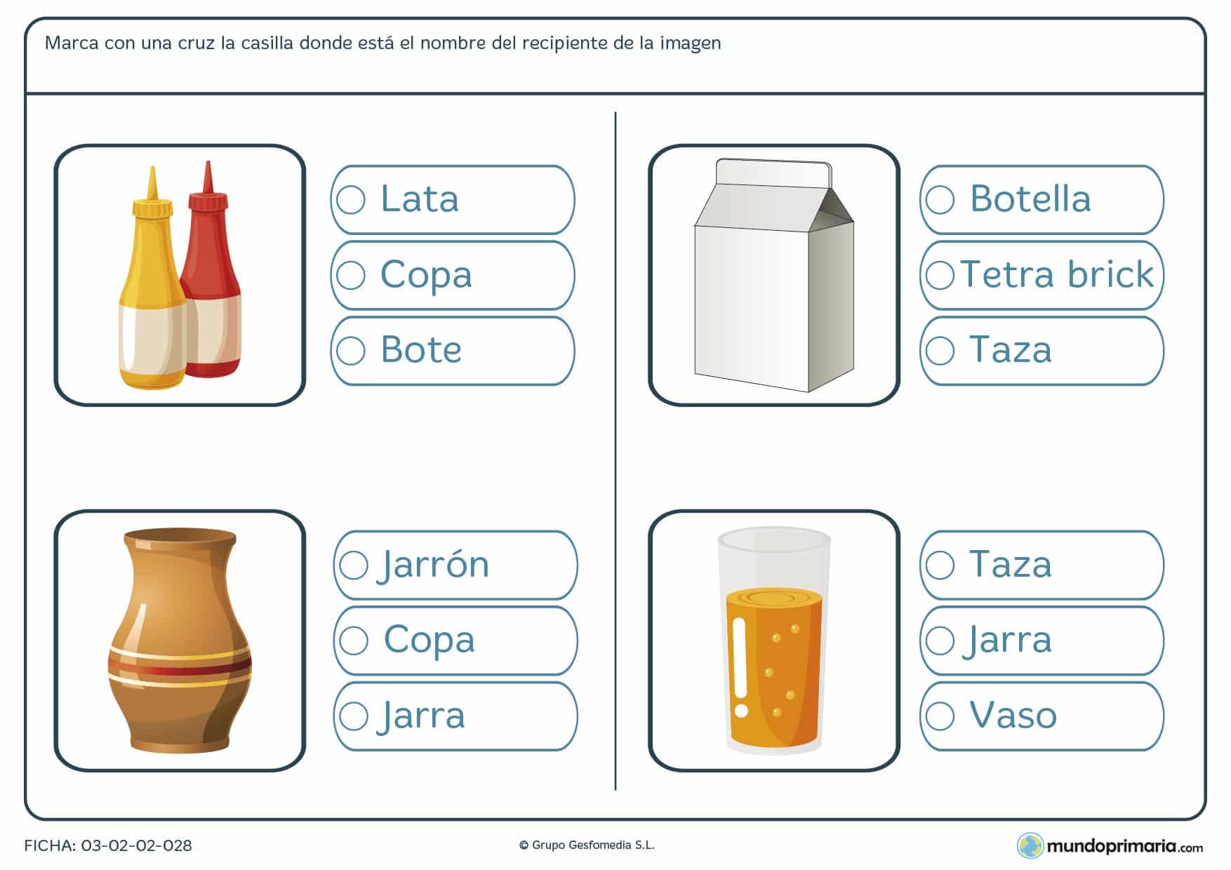Ficha de marcar la casilla del nombre correcto para aprender el vocabulario de los envases en 1º de Primaria.