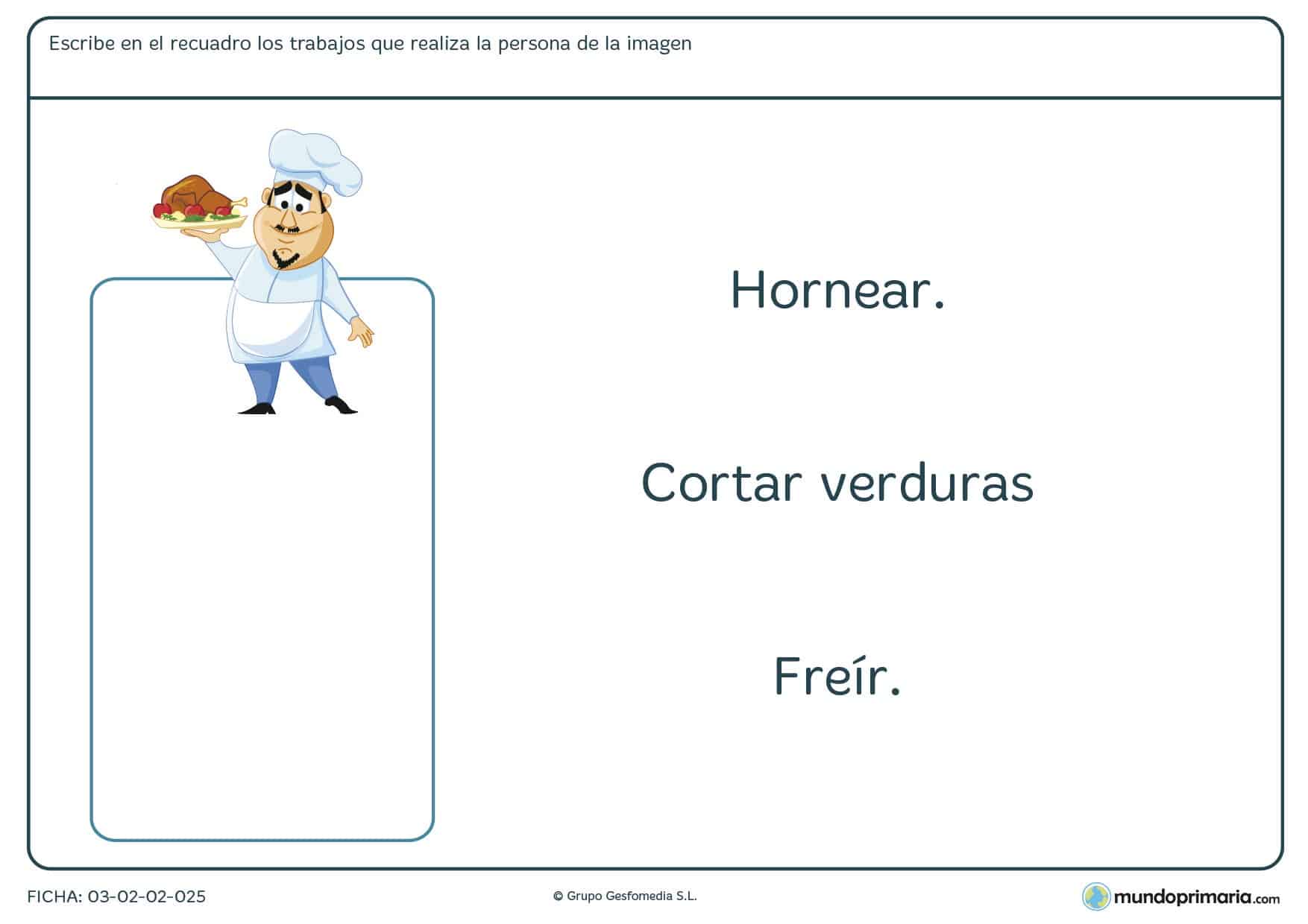 Ficha de nombres de trabajos para aprender las profesiones y sus funciones como vocabulario en 1º de Primaria.
