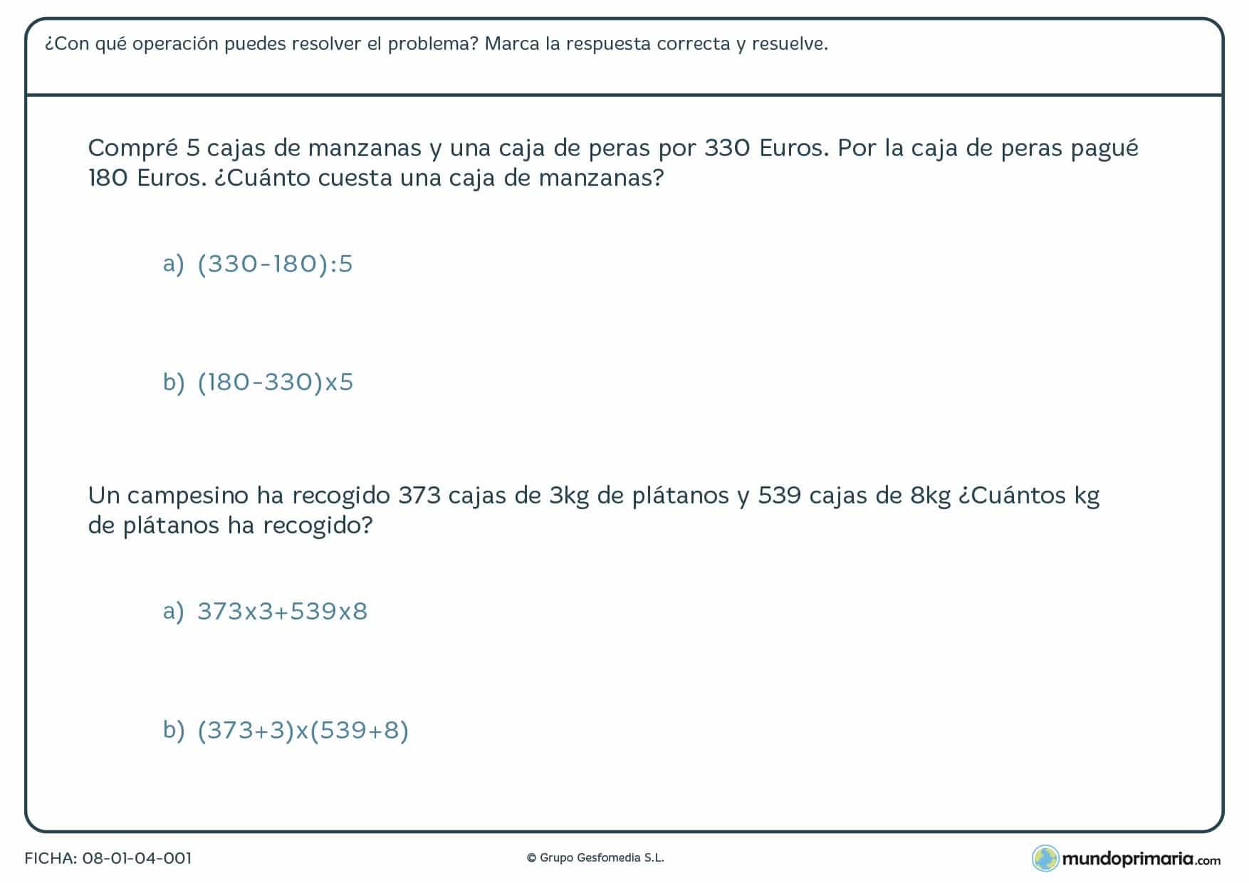 Ficha de operaciones donde el niño repasa conocimientos sobre cálculo