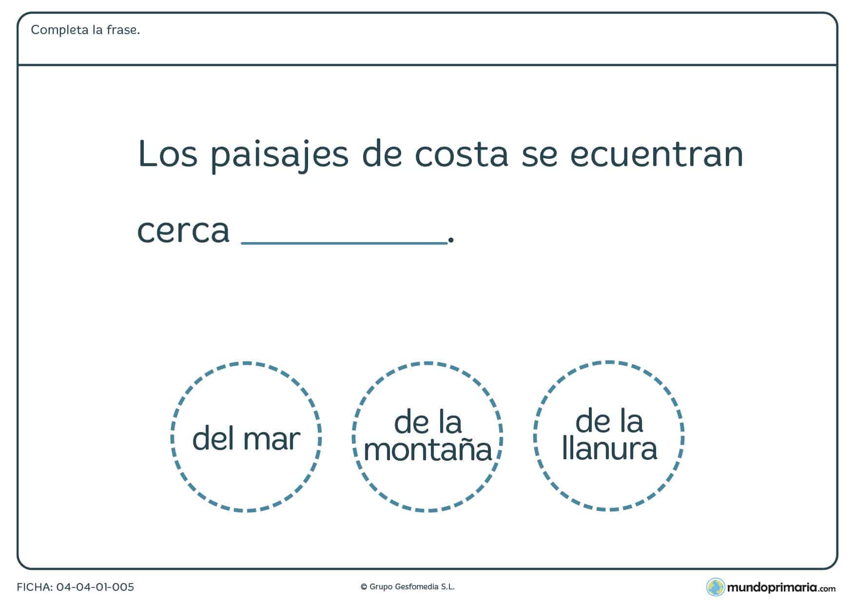 Ficha de paisajes de costa en la que hay que completar la frase con las palabras de diferentes paisajes proporcionadas.